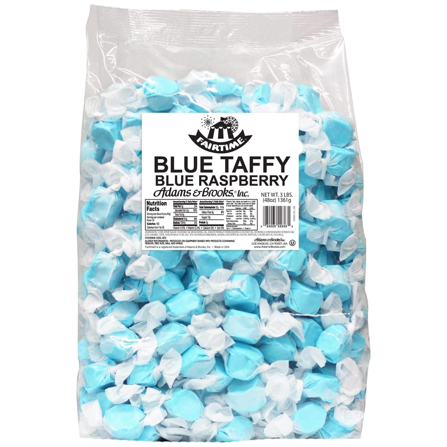 Blue Raspberry Taffy, 3 Pound Bag (Pack of 1) - Individually Wrapped Saltwater Taffy Candy Bulk Pack - Soft & Chewy Candy for Buffet, Party, or Wedding Favors - Kosher Certified Soft Candies