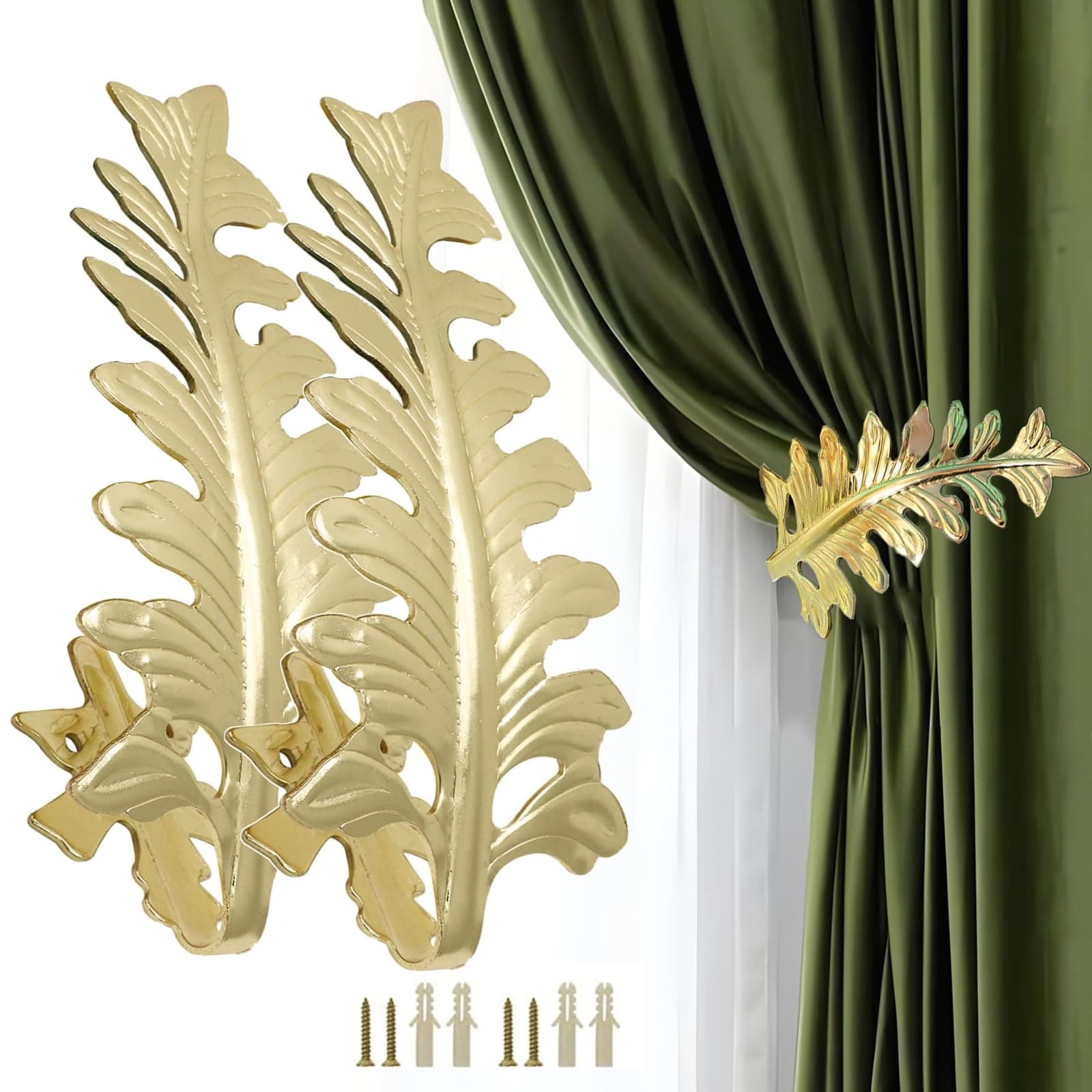 Bitray Curtain Tiebacks Gold Vintage Big Leaf Design Curtain Holdbacks Curtain Drapery Holdbacks Tie Back Hook -2pcs