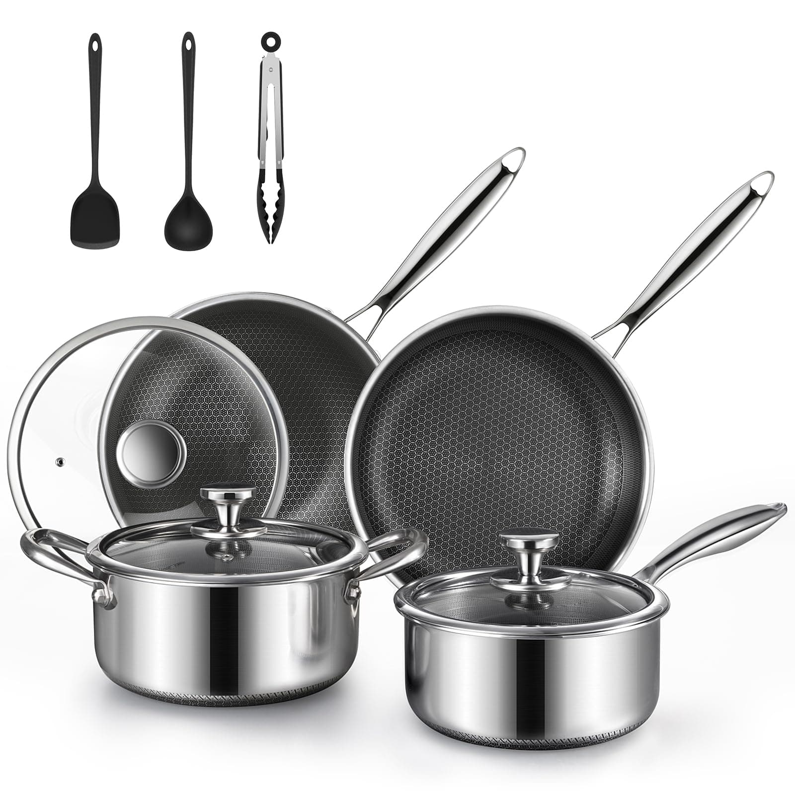 Non Stick Pots and Pan Set, 10 Pcs Hybrid Stainless Steel Cookware Set with Lids, Kitchen Skillet, Stock Pot, Nonstick Frying Pan, PFOA-free Kitchen Cooking Utensils,Induction,Dishwasher Safe
