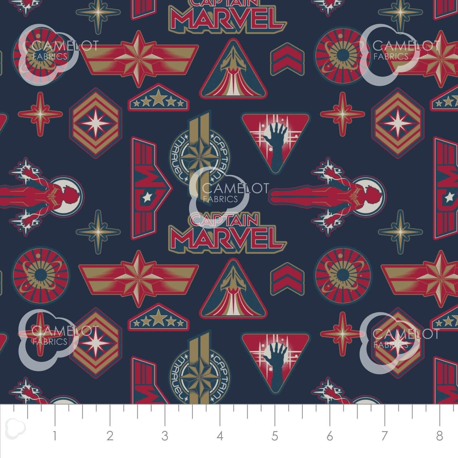 Marvel Fabric Captain Marvel Logo Toss in Blue 100% Cotton Fabric by The Yard