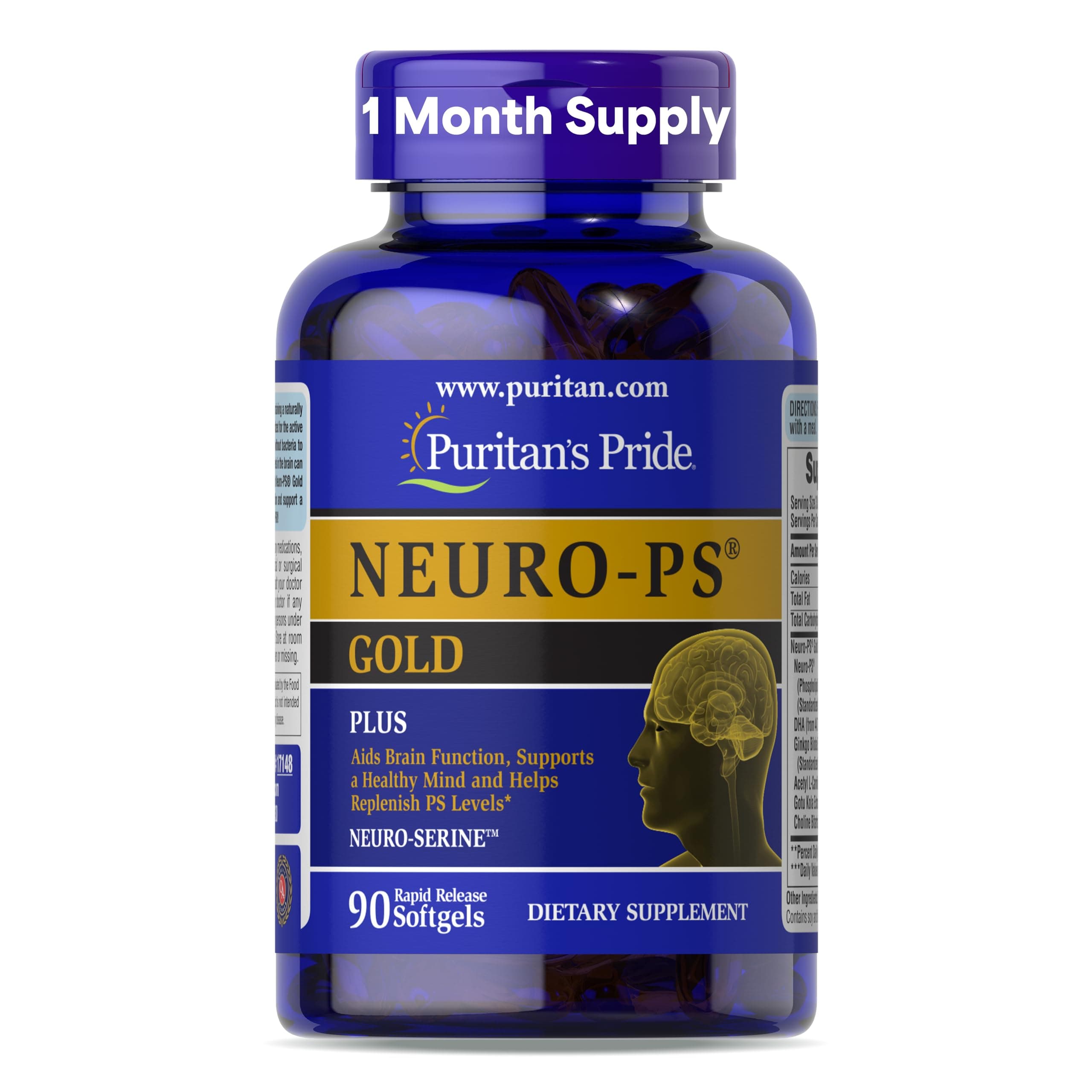 Neuro-PS® Gold Plus Neuro-Serine™ with Gingko Biloba and DHA, Advanced Dietary Supplement for Brain Function, Health, and Memory Support, 1 Month Supply, 90 Rapid Release Softgels