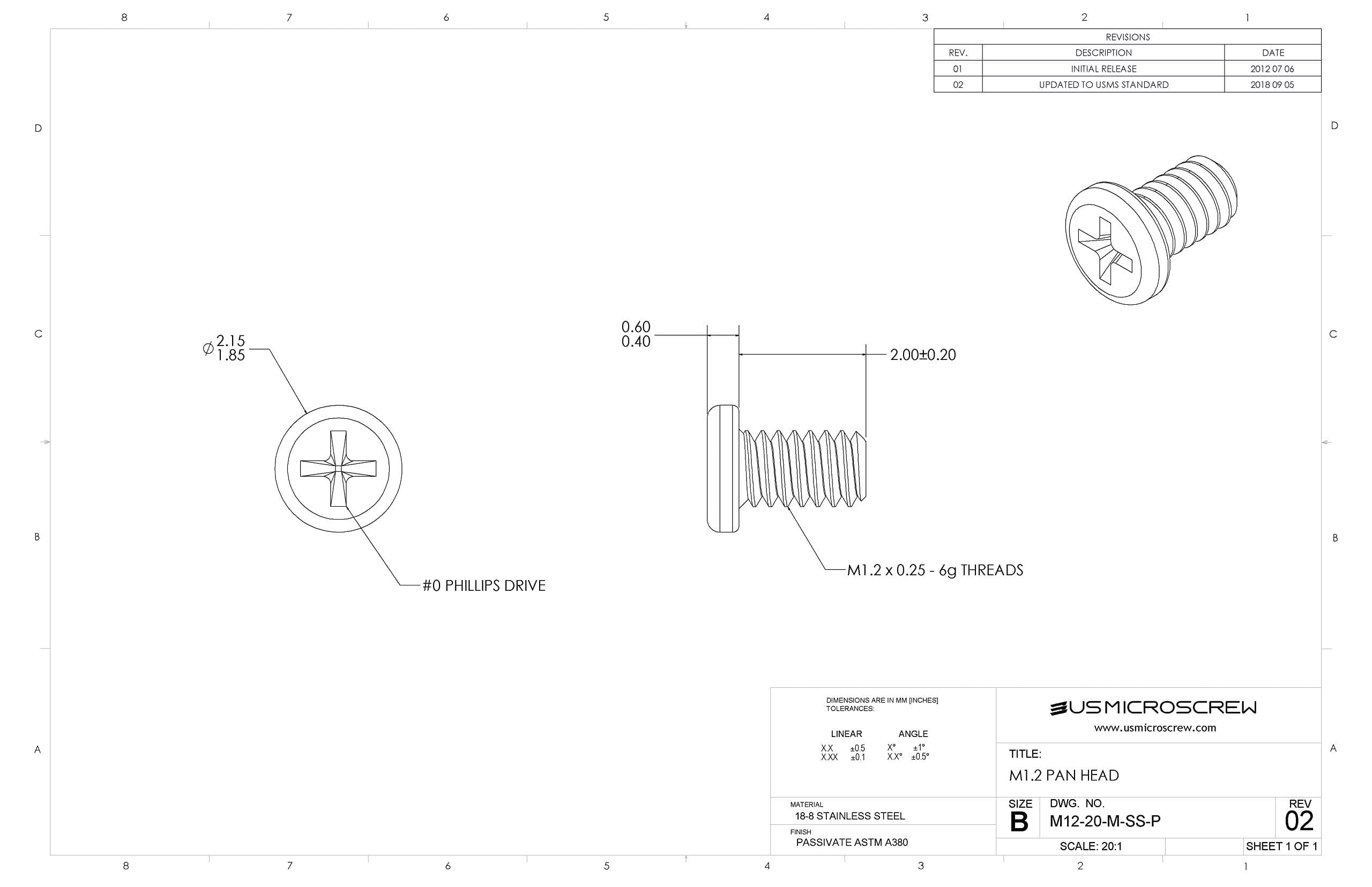 M1.2-0.25 X 2mm Machine Screw Stainless Steel Pan Head Phillips Drive (100 Pcs) - M12-20-M-SS-P