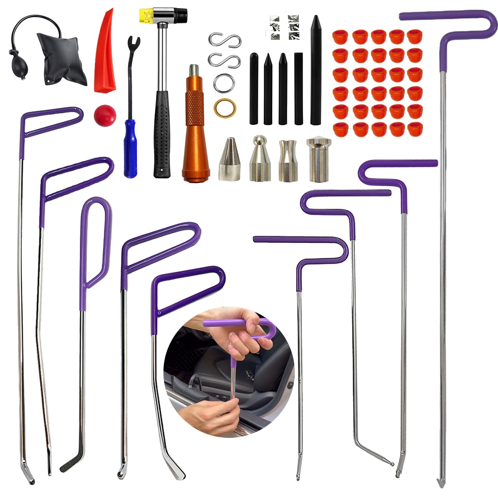 59pcs Paintless Dent Rods Repair Tools with Knock Down Pens,Red Soft Caps,Red Wedge and More,Suitable Removal Hail Damage,Dings and More for Car Body Dent Repair