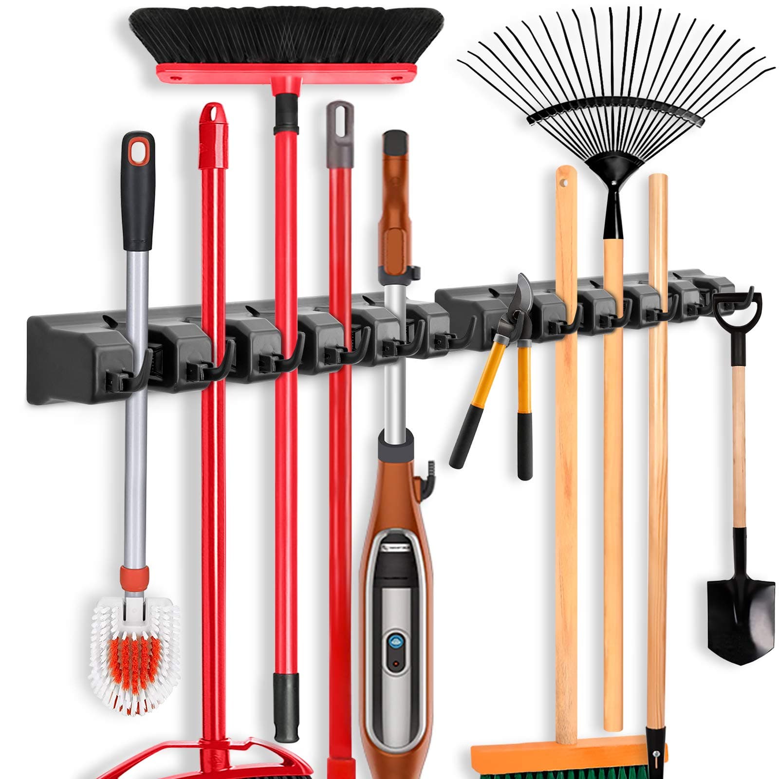 2 Pack Mop and Broom Holder, Wall Mounted Organizer Mop and Broom Storage Tool Rack with 5 Ball Slots and 6 Hooks (Black)
