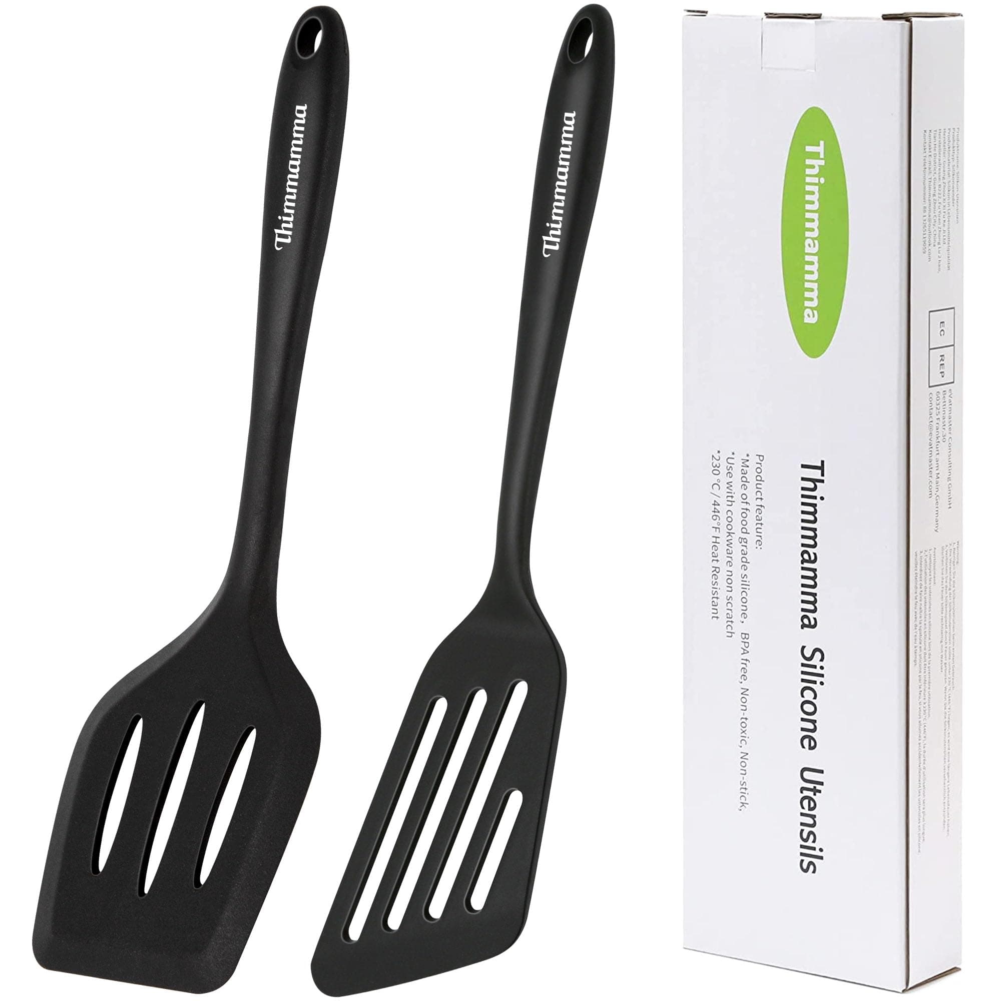 Silicone Spatula, 2 Pack Heat Resistant Slotted Spatula Set Kitchen Turner BPA Free, Non Stick Flexible Large Black Silicone Spatula for Cooking Flipping Pressing Fish Eggs Pancakes