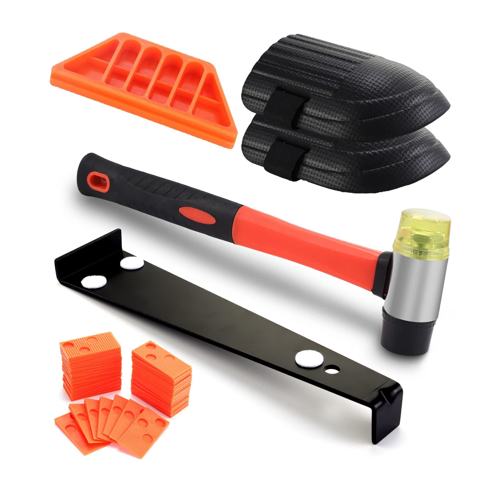 Moendergo Laminate Wood Flooring Installation Kit Vinyl Flooring Tools with 60 Spacers, Heavy Duty Pull Bar, Durable Solid Rubber Tapping Block, Non Slip Soft Grip Double Faced Mallet, Foam Knee Pads