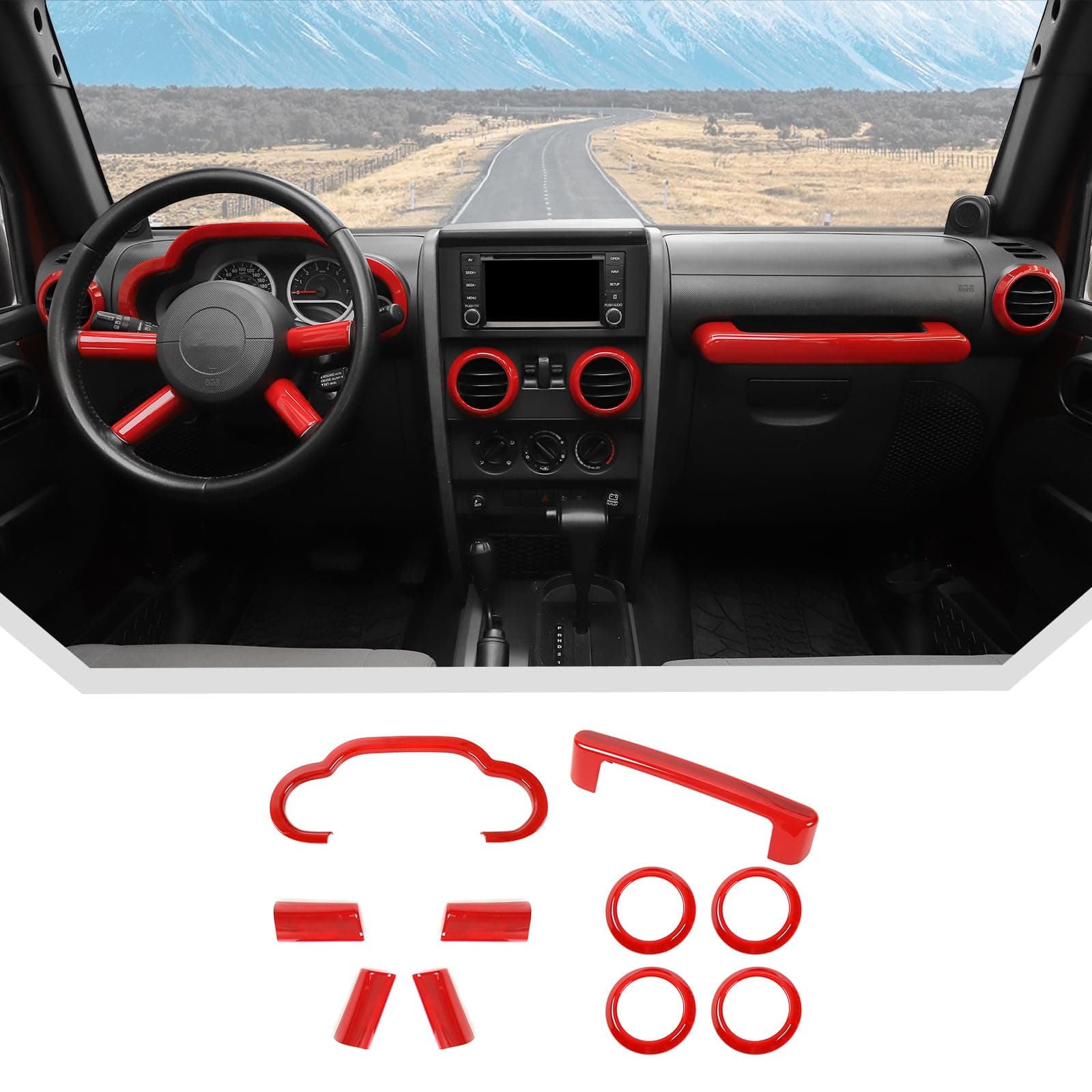 JeCar 10pcs for Jeep Wrangler Interior Trim Kit Red Interior Accessories for 2007-2010 Jeep Wrangler JK JKU Sahara Sport Rubicon & Unlimited