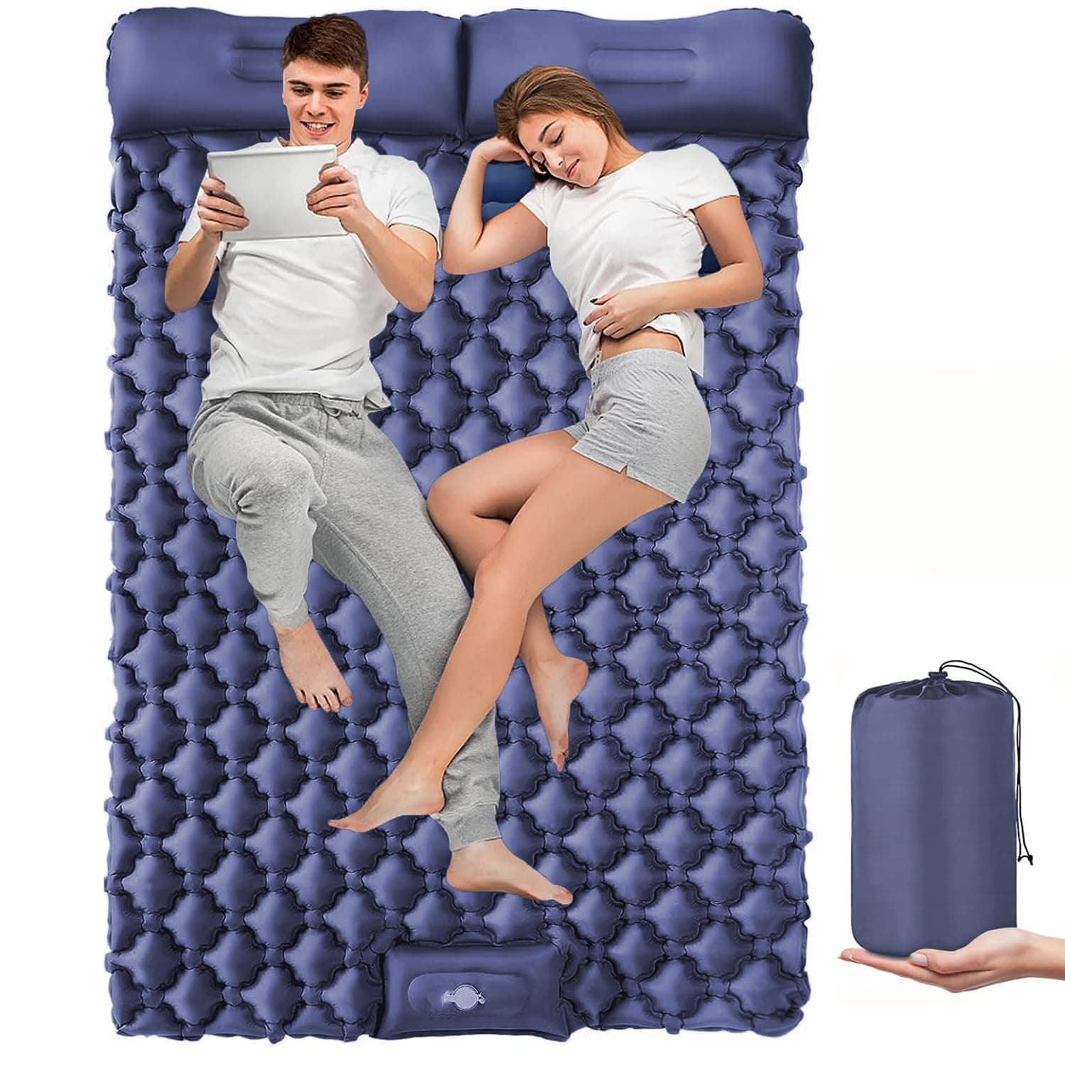 SKADE Sleeping Pad for Camping With Pillow - Double Self-Inflating Air Mattress, Waterproof, Ultralight Portable Roll-Up Bed for 2 Person, Car Camping (Navy Blue)