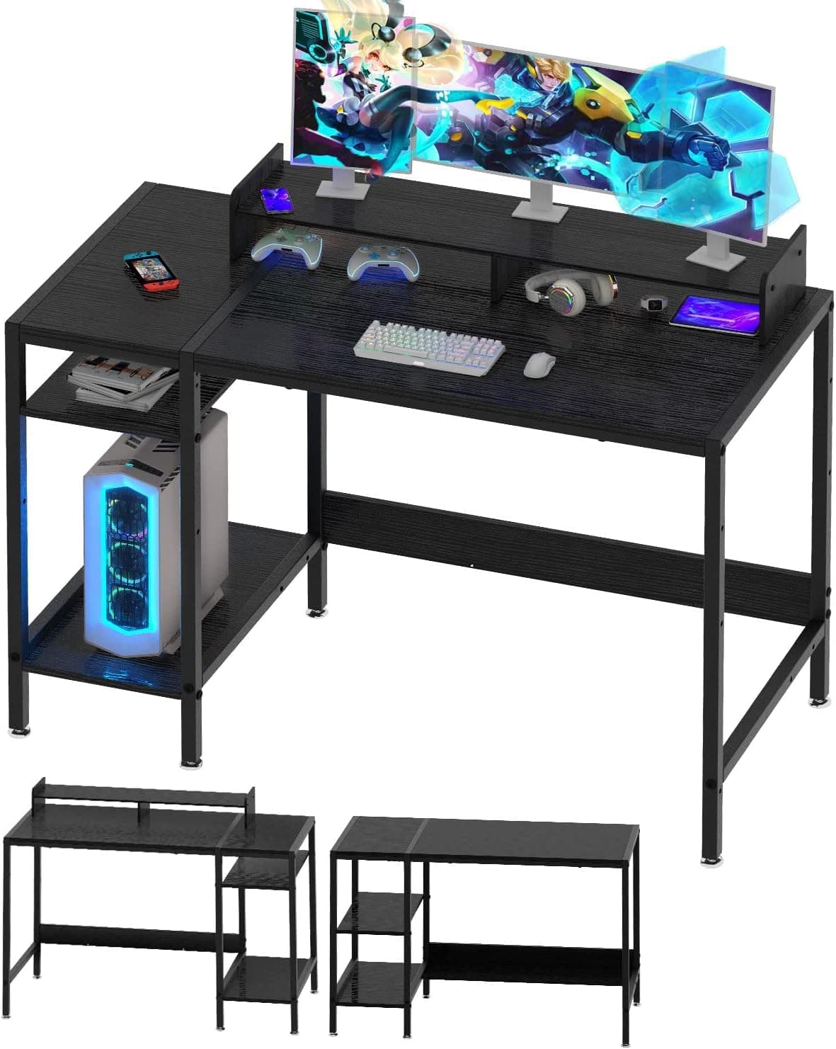 MINOSYSComputer Desk - 47” Gaming Desk, Home Office Desk with Storage, Small Desk with Monitor Stand, Storage Space-Savor, Modern Table, Black
