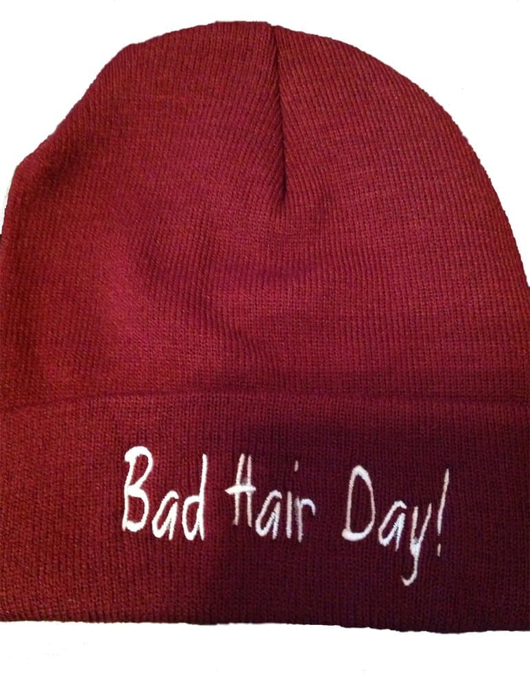 Bad Hair Day Beanie maroon hat white stitch