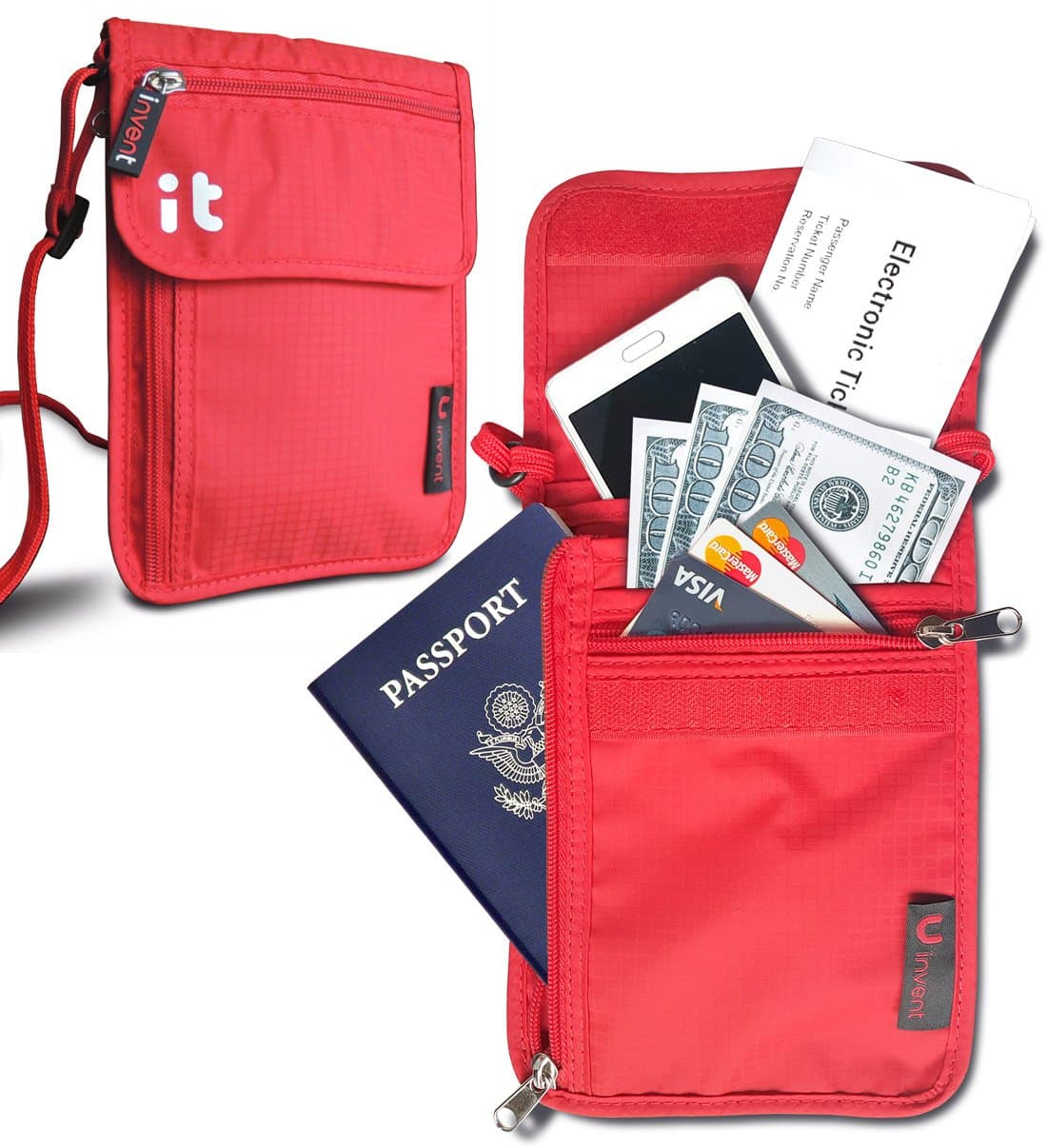 Neck Passport Wallet - Travel Document Organizer w/RFID Blocking - Travel Concealed Carry & Passport Holder (Neck Red)