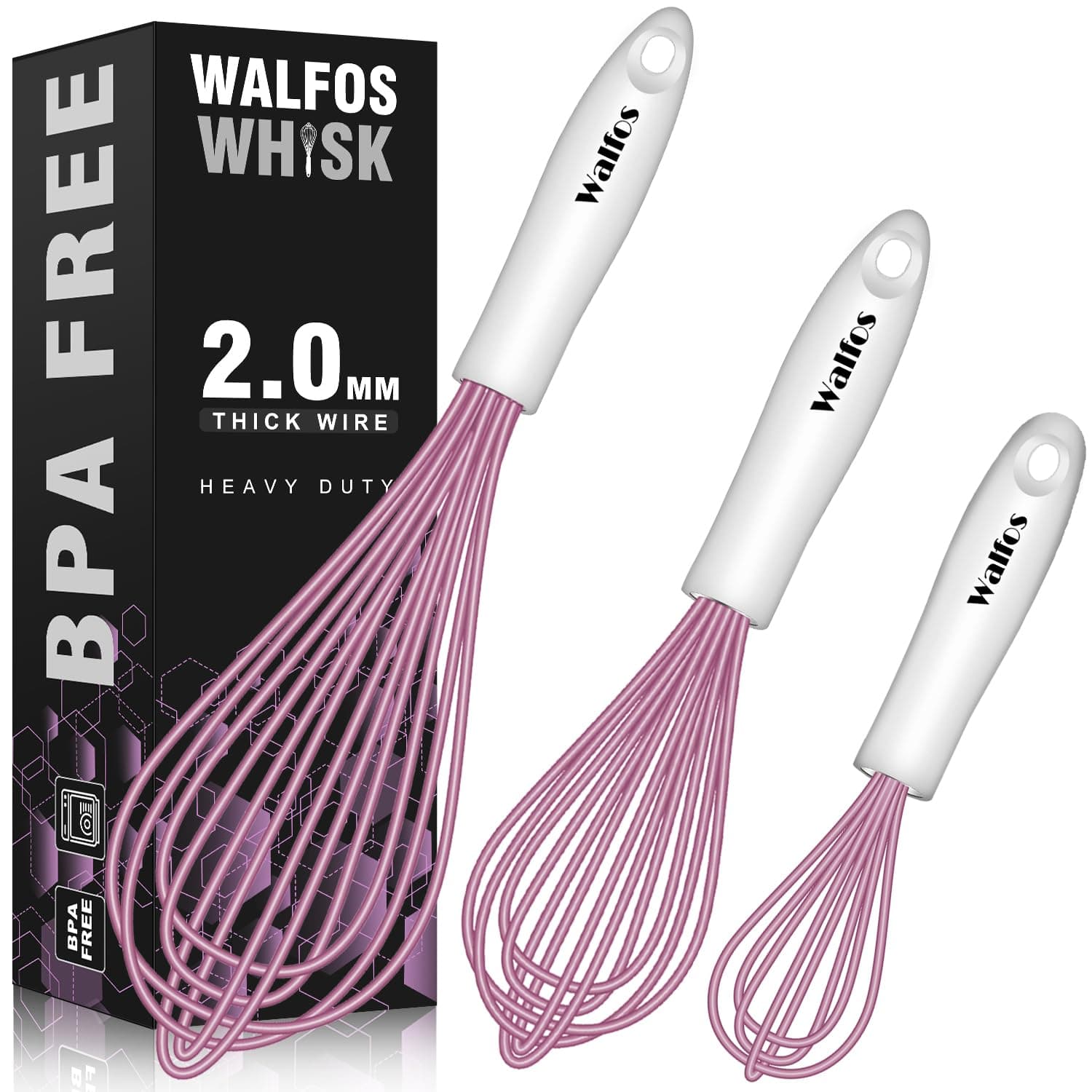 Walfos Whisk, Silicone Whisks for Cooking & Baking Non Scratch Rubber Coated Pink Whisk for Non-stick Wisk, Perfect for Frothing, Blending, Beating and Whisking (3pack Pink)