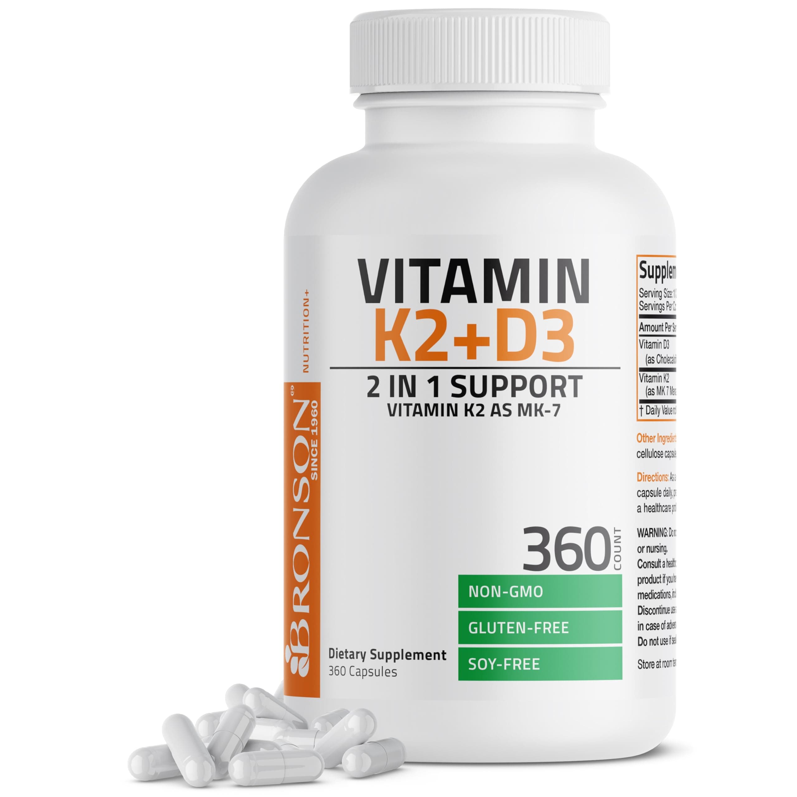 Vitamin K2 (MK7) with D3 Supplement Non-GMO Formula 5000 IU Vitamin D3 & 90 mcg K2 MK-7 Easy to Swallow D & K Complex, 360 Capsules