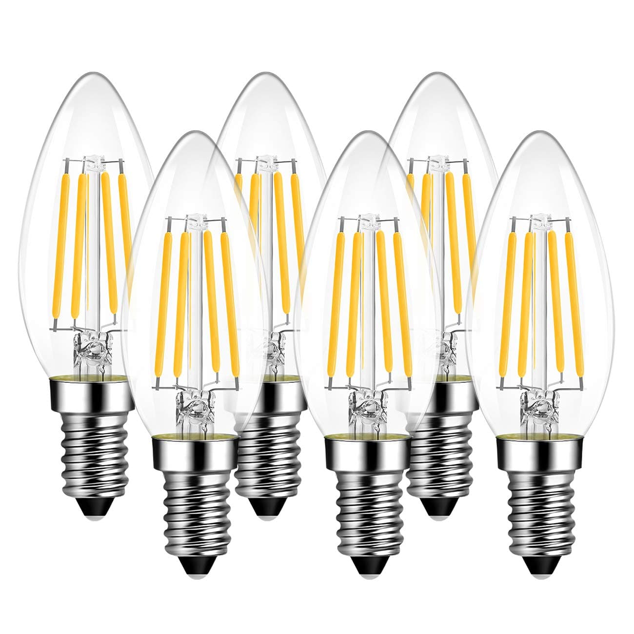 Led E14 Candle Filament Bulbs, 5.5W Candle Bulb Warm White,60W Equivalent,2700K,806Lm, C35 Glass Candle Bulbs, Chandeliers, Ceiling Light Fittings,Non-Dimmable (Pack of 6)