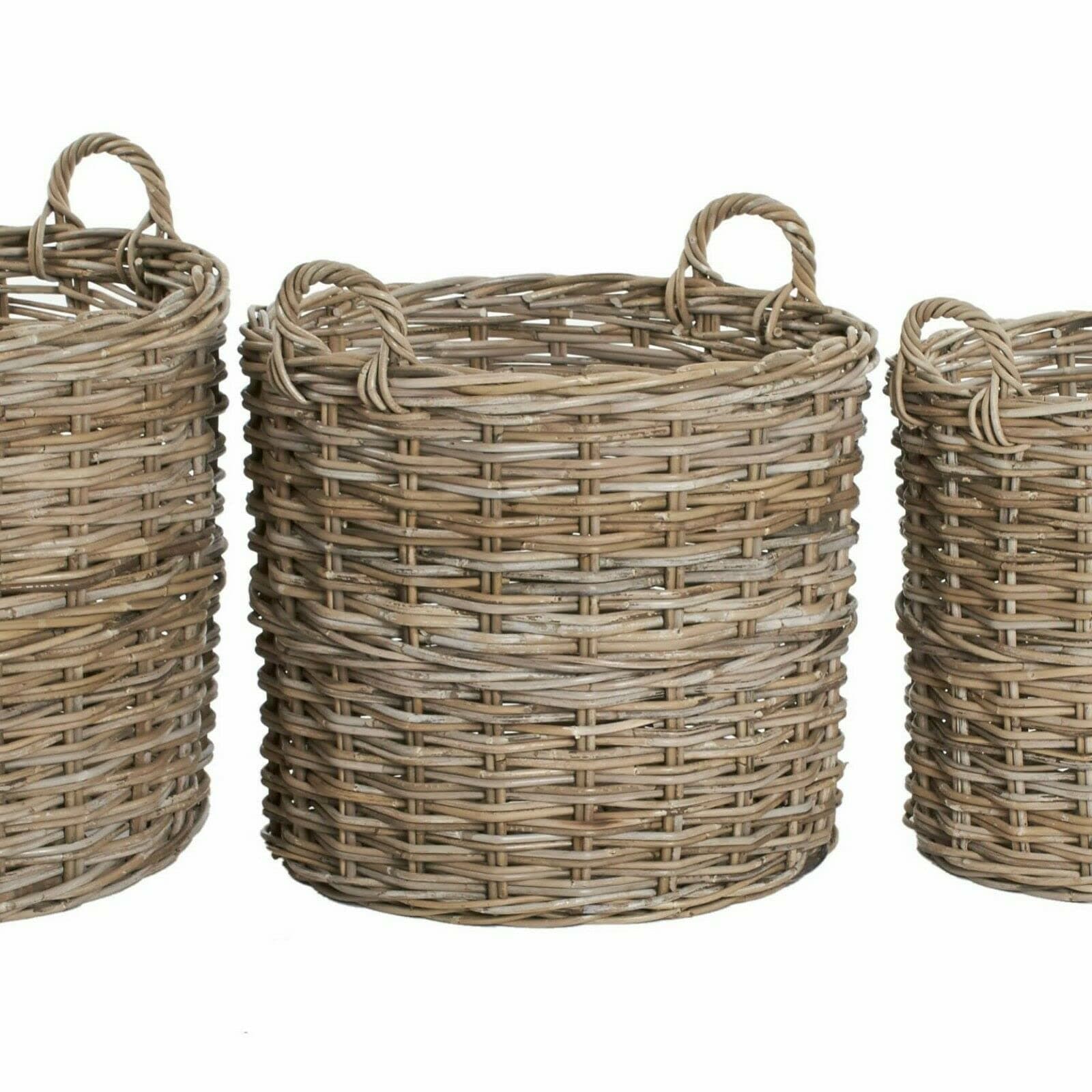 Round Wicker Log Storage Basket Grey and Buff Rattan Large