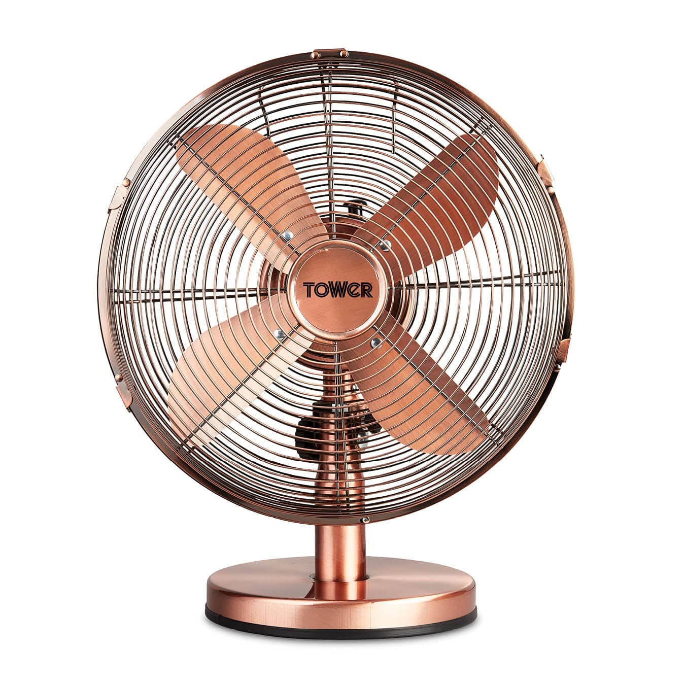 Tower T605000C Metal Desk Fan with 3 Speeds, Automatic Oscillation, 12”, 35W, Copper