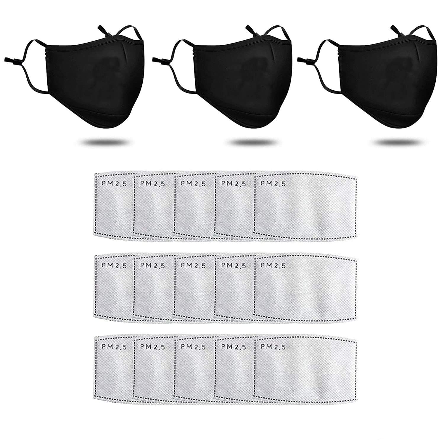 3 Pack Reusable Mouth Mask with 15pcs PM2.5 Pollutant Filters, Black Cotton Face Mask for Walking Camping Travel