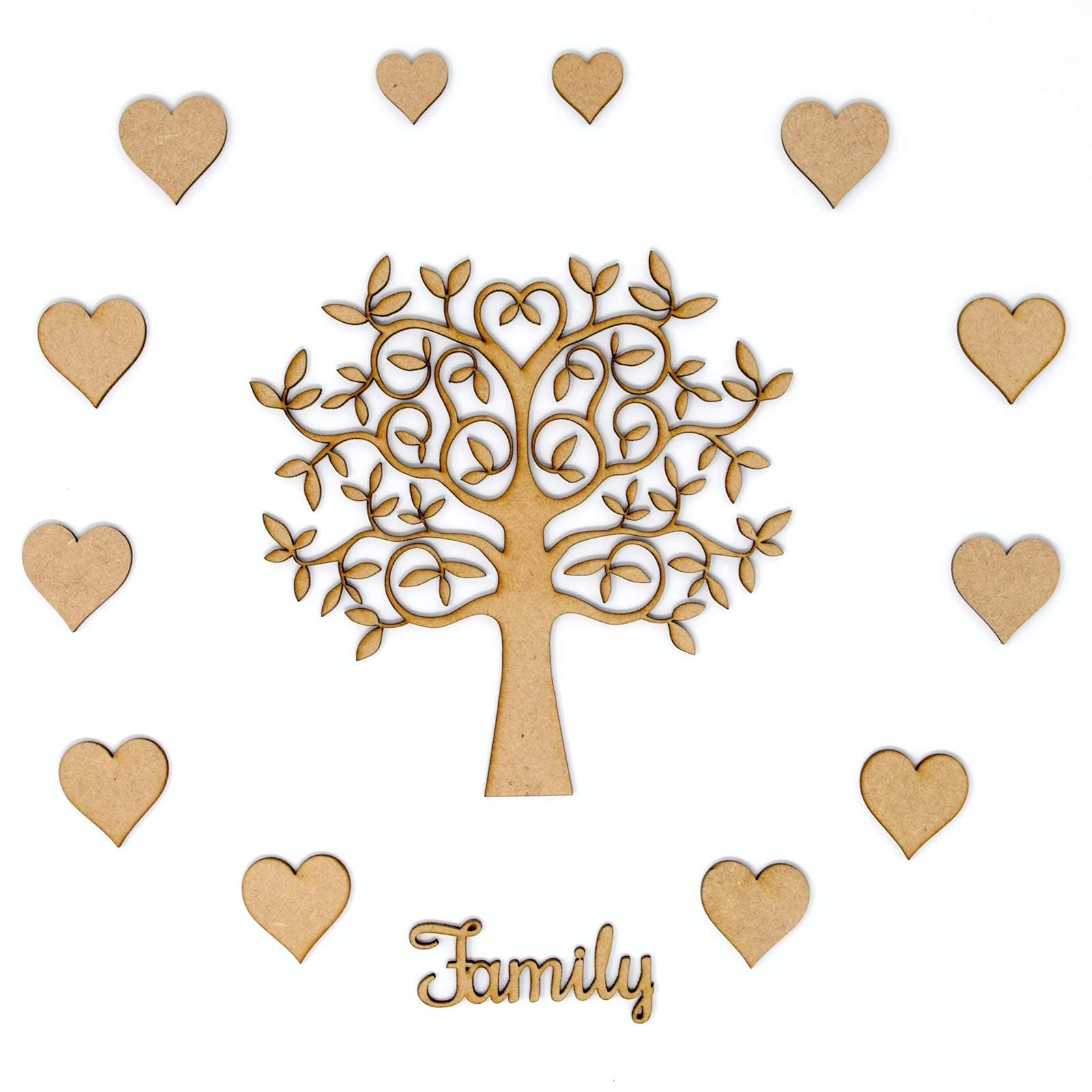 Family Tree Set Kit - MDF Tree, 12 x Hearts and Wording. Make Your Own (15cm)