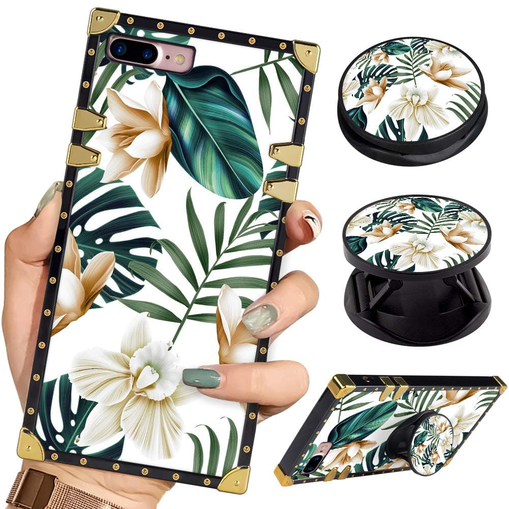 BITOBE Luxury Square Phone Case iPhone 8 Plus iPhone 7 Plus Leaves Flowers Retro Elegant Soft TPU Design Cover for iPhone 7 Plus iPhone 8 Plus