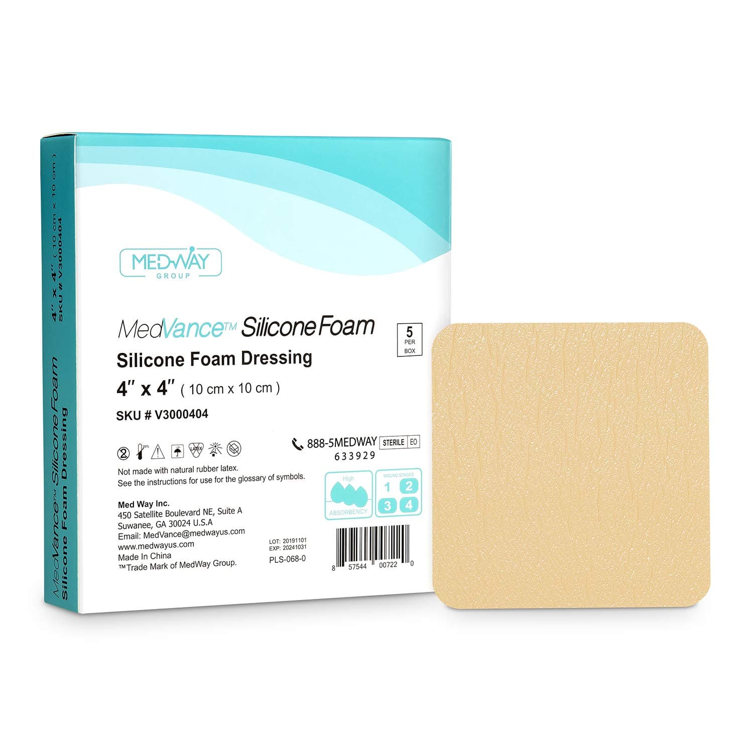 TM Silicone - Silicone Adhesive Foam Absorbent Dressing, 4"x4", Box of 5 dressings