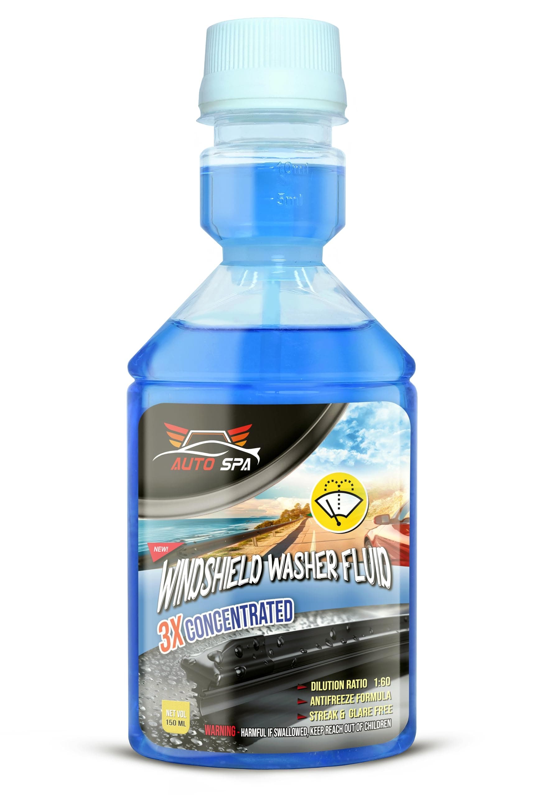 Car Windshield Washer Fluid Liquid -150ml (10mL is Enough For 1LTR Tank) Easy Measurement Lid | 3X Concentrated Cleaner | Spotless & Streak Free Windscreen Clarity | Antifreeze Protection |