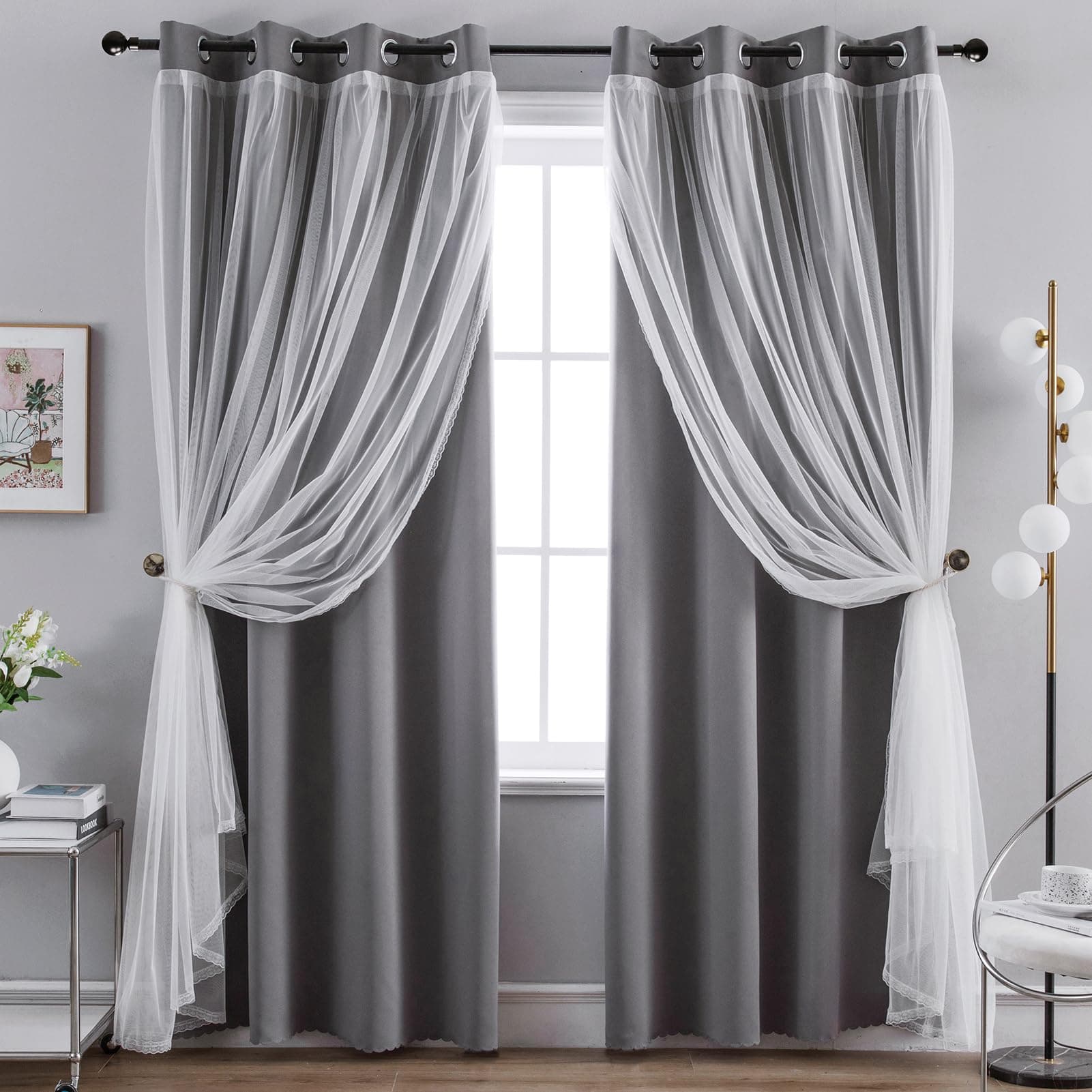 Anytime Home Curtains Blackout and Sheer Layered Solid Window Curtain Panel Pair with Grommet Top, 52Wx84L,Grey