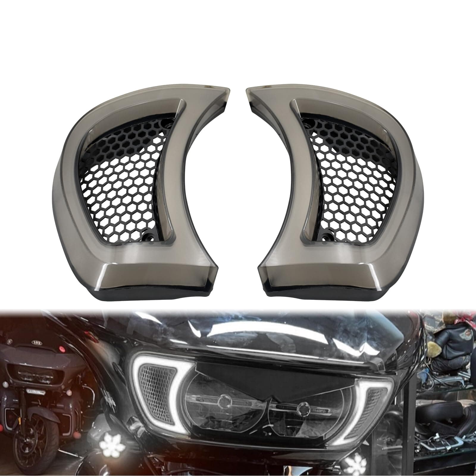Motorcycle Headlight Vent Accent Turn Signal LED Indicator Side Lights For Harley Road Glide FLTRX 2015-2023 (Smoke Lens)