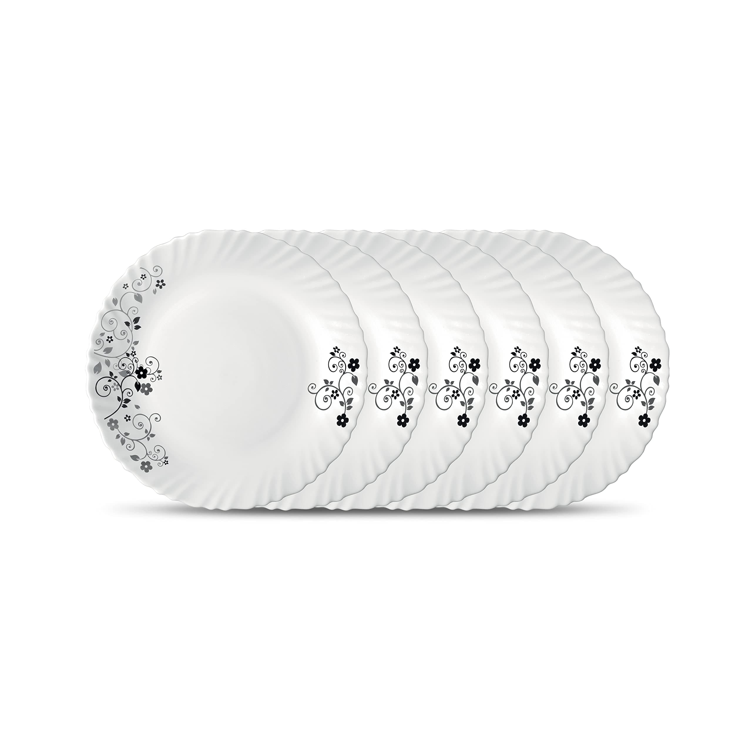 La Opala Diva Classique Collection Opal Glass Crockery | Full Plate Set of 6 | Mystrio Black Design | for Dining & Gifting | Microwave Safe | 100% Vegetarian | Extra Strong | Super Light & White