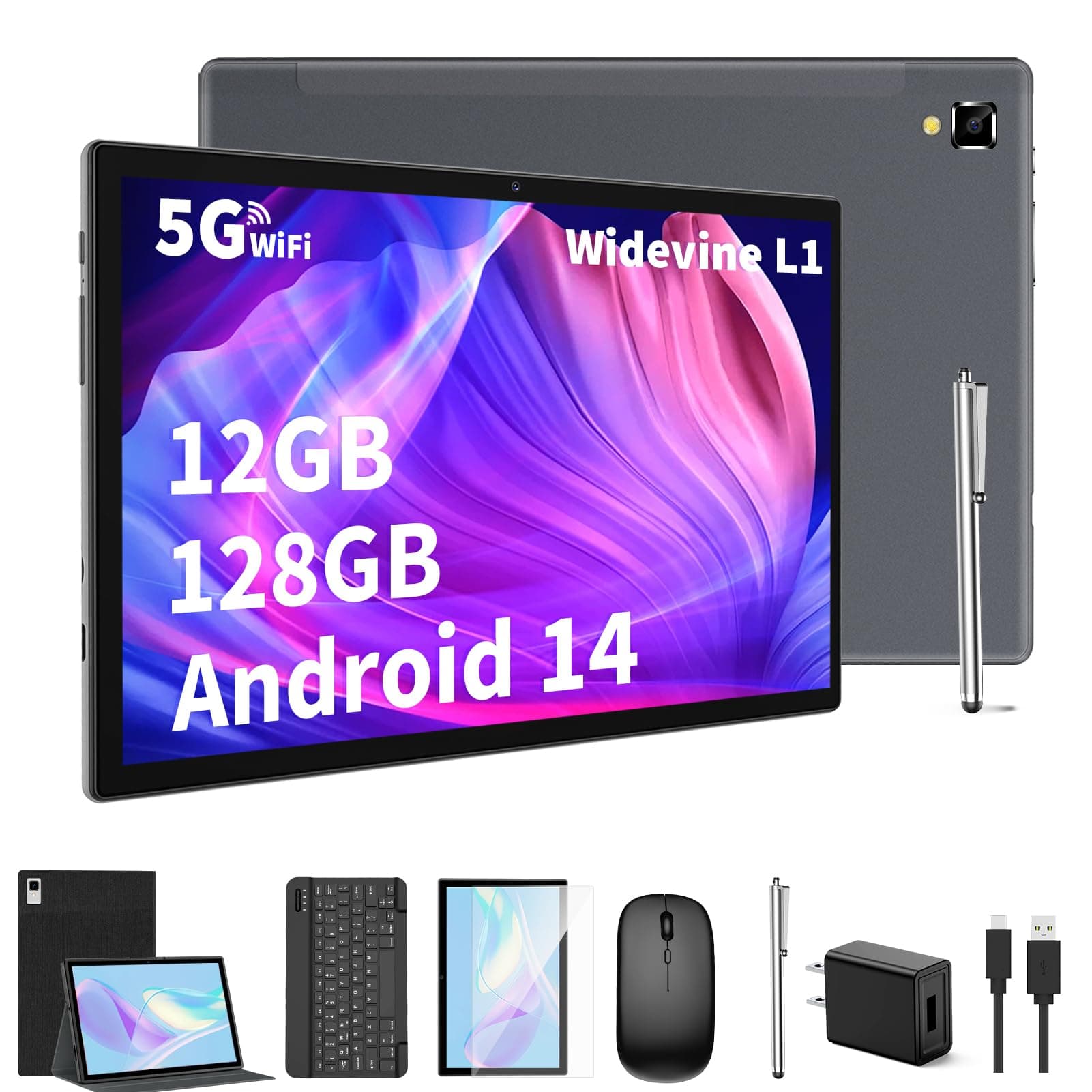 YLEEBG Android Tablet with Keyboard,10 inch Android 14 Tablets, 12GB RAM 128GB ROM, 1TB Expand, 8000mAh, 2.4G/5G WiFi, Bluetooth, GMS Certified, with Case, Mouse, Stylus Tablet PC (Deep Black Case)