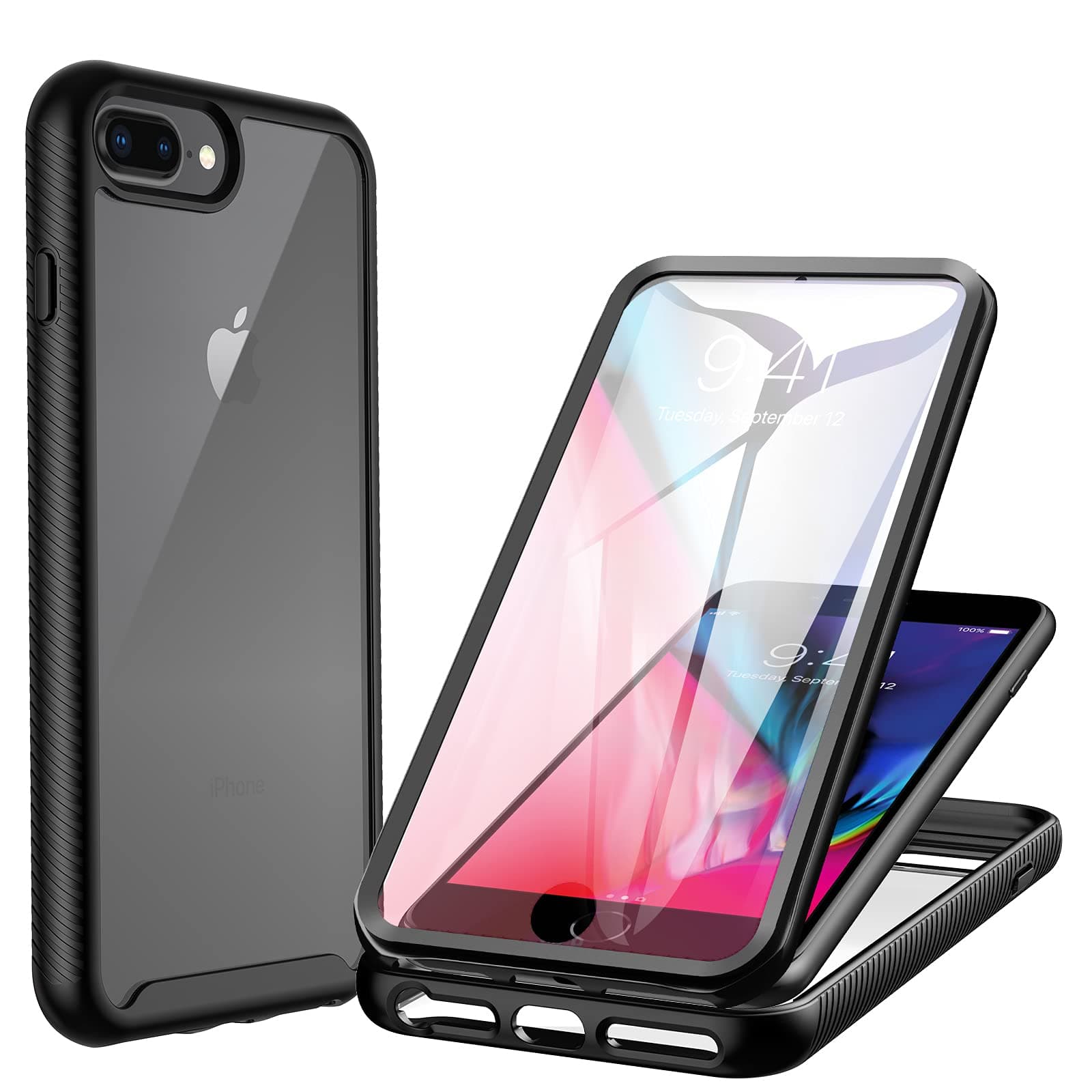 – Case for iPhone 8 Plus/iPhone 7 Plus/iPhone 6S Plus/6 Plus, Shockproof Case with Screen Protector, 360° Protected Phone Double Sided Full Case Portable Transparent – Black
