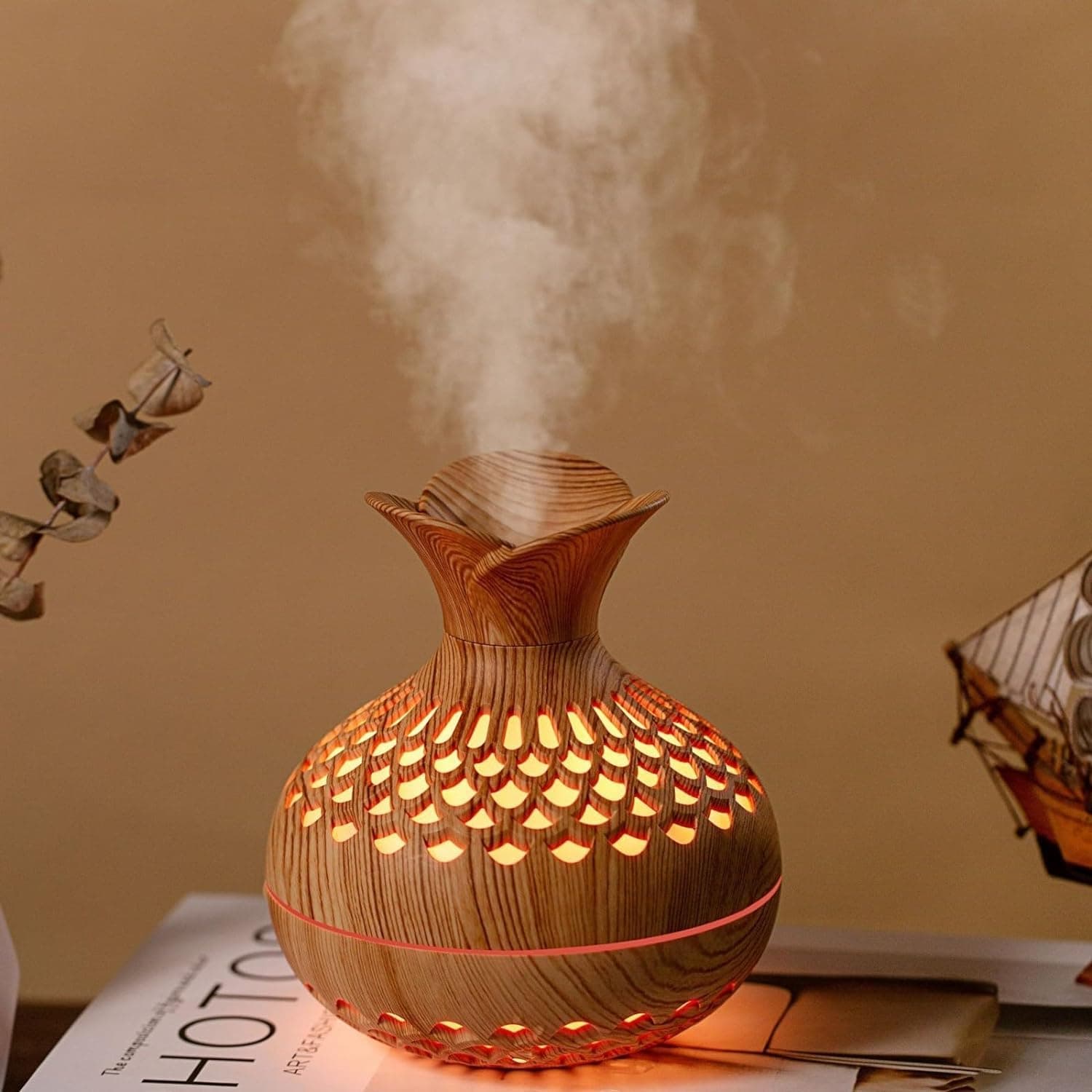 Wooden Cool Mist Humidifiers Essential Oil Diffuser Aroma With Led Night Light Colorful Change For Car, Office, Babies, Humidifiers For Home, Room-Vase Shape-Multicolour