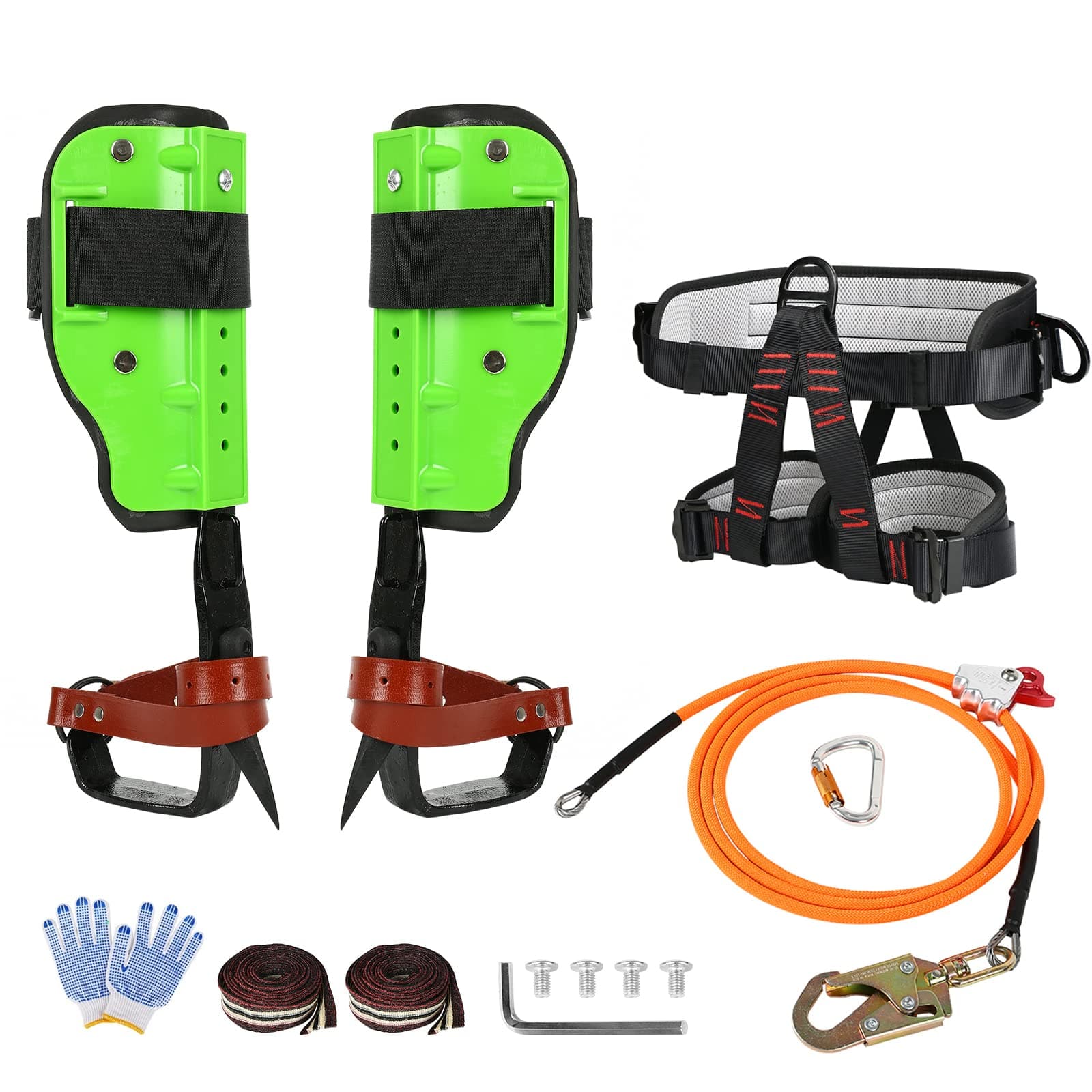 AQQHSAIN Tree Climbing Spikes Kit, Tree Climbing Gear with Adjustable Belt and Rope Pole Climbing Spurs Tool Professional Climbing Equipment with Non-Slip Pedal for Sports, Working