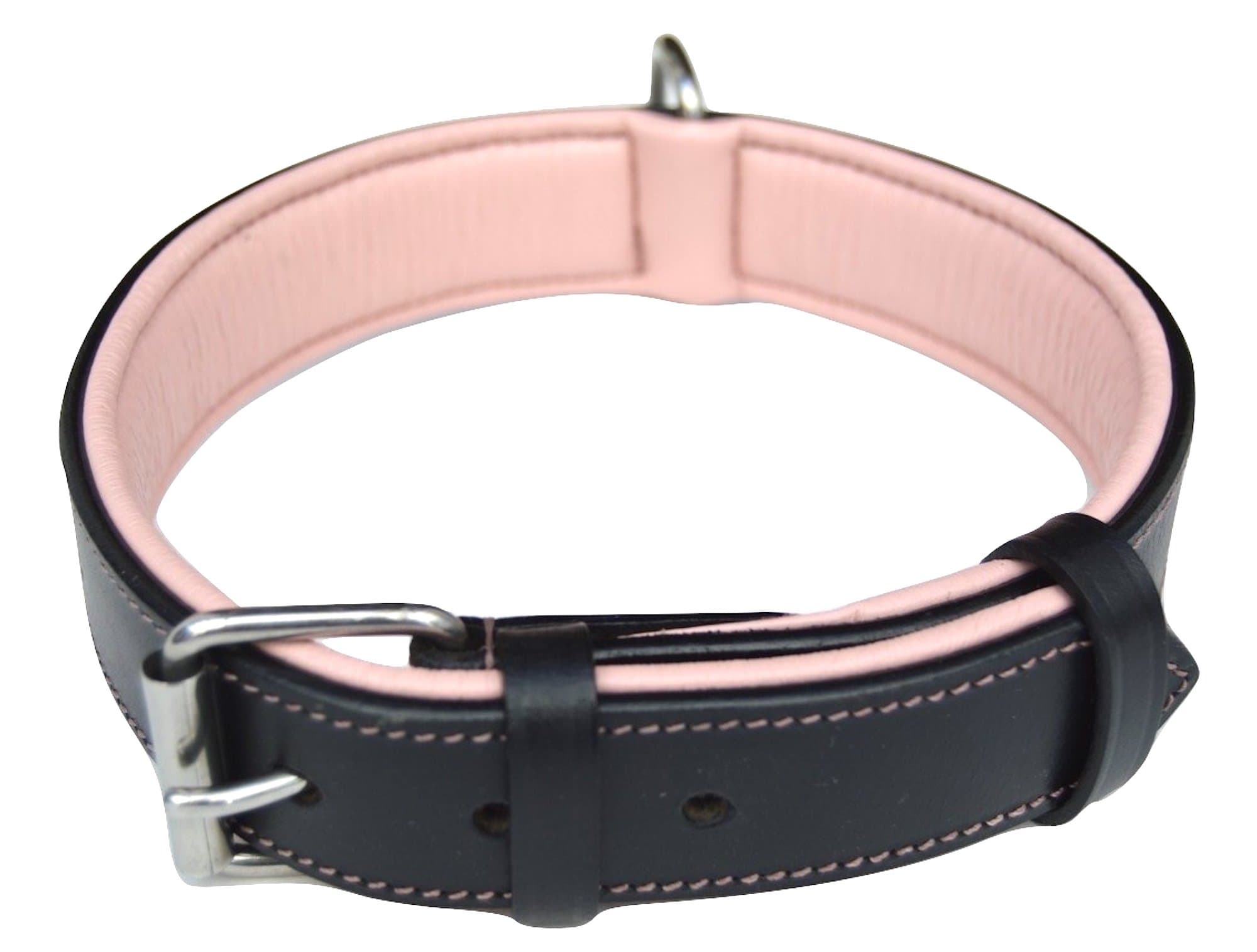 Padded Dog Collar Leather, Black with Pink Padding, Size Large, Great for Female Dogs, 1.5" Wide