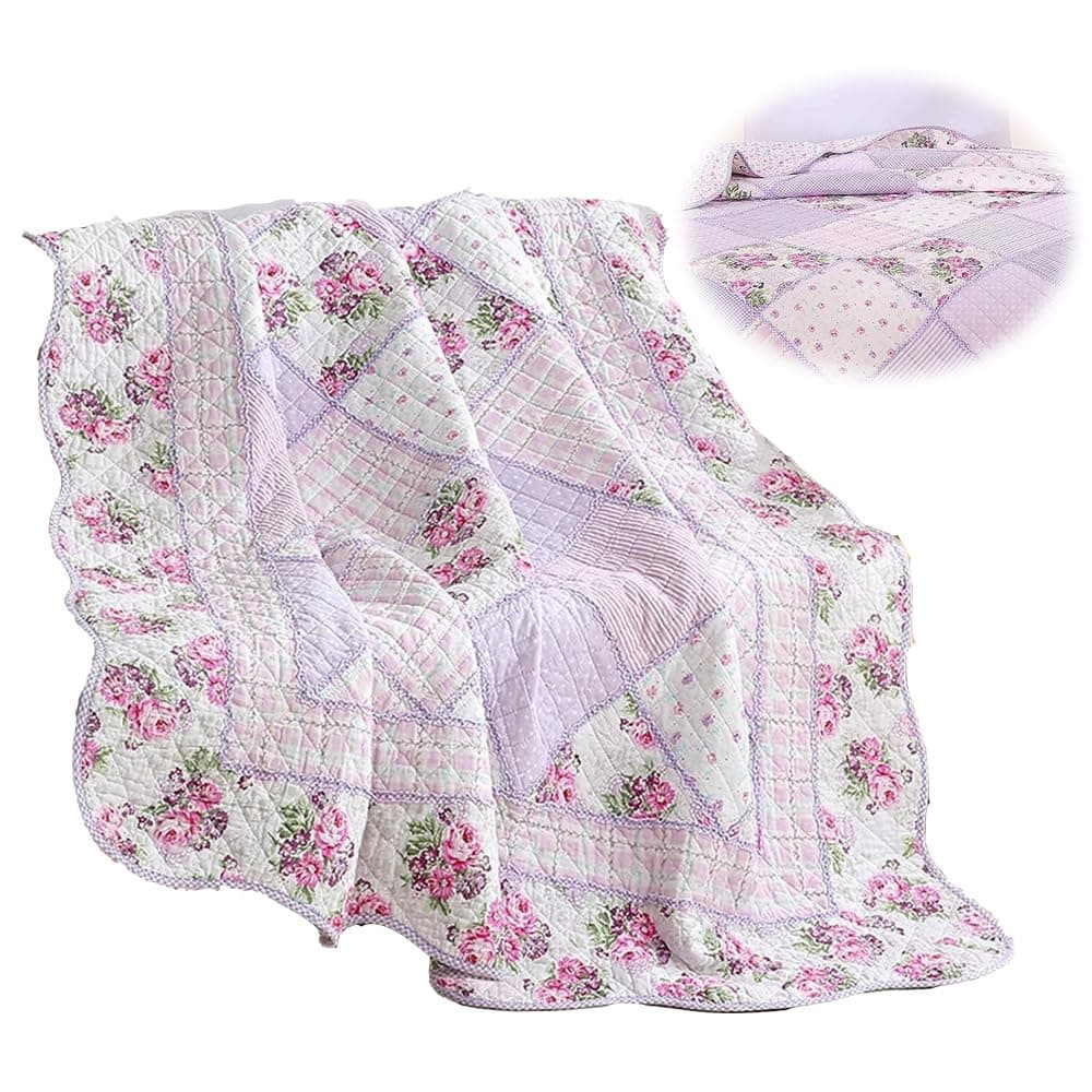 – Azonee Purple Floral Patchwork Quilt Throw Blanket, 60" x 80" Twin Size, 100% Cotton Reversible Bedspread, Quilted Throw for Bed, Couch, Sofa, Chair