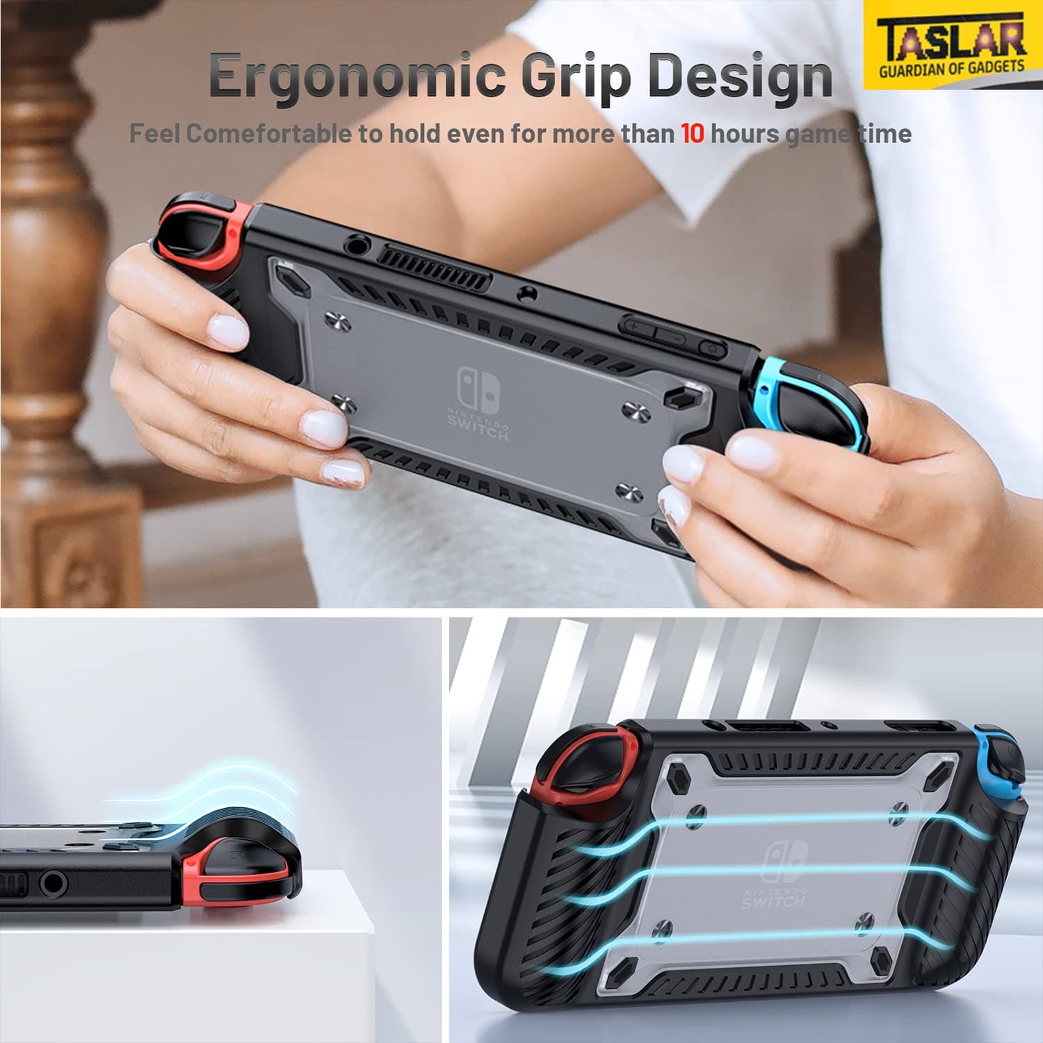 TASLAR Protective Case Grip Soft Anti-Scratch Anti-Drop Cover Accessories Shockproof Bumper Multi-Angle Adjustable Stand with 7 Storage Slots Game Cards for Nintendo Switch OLED, Black, Bumper Case