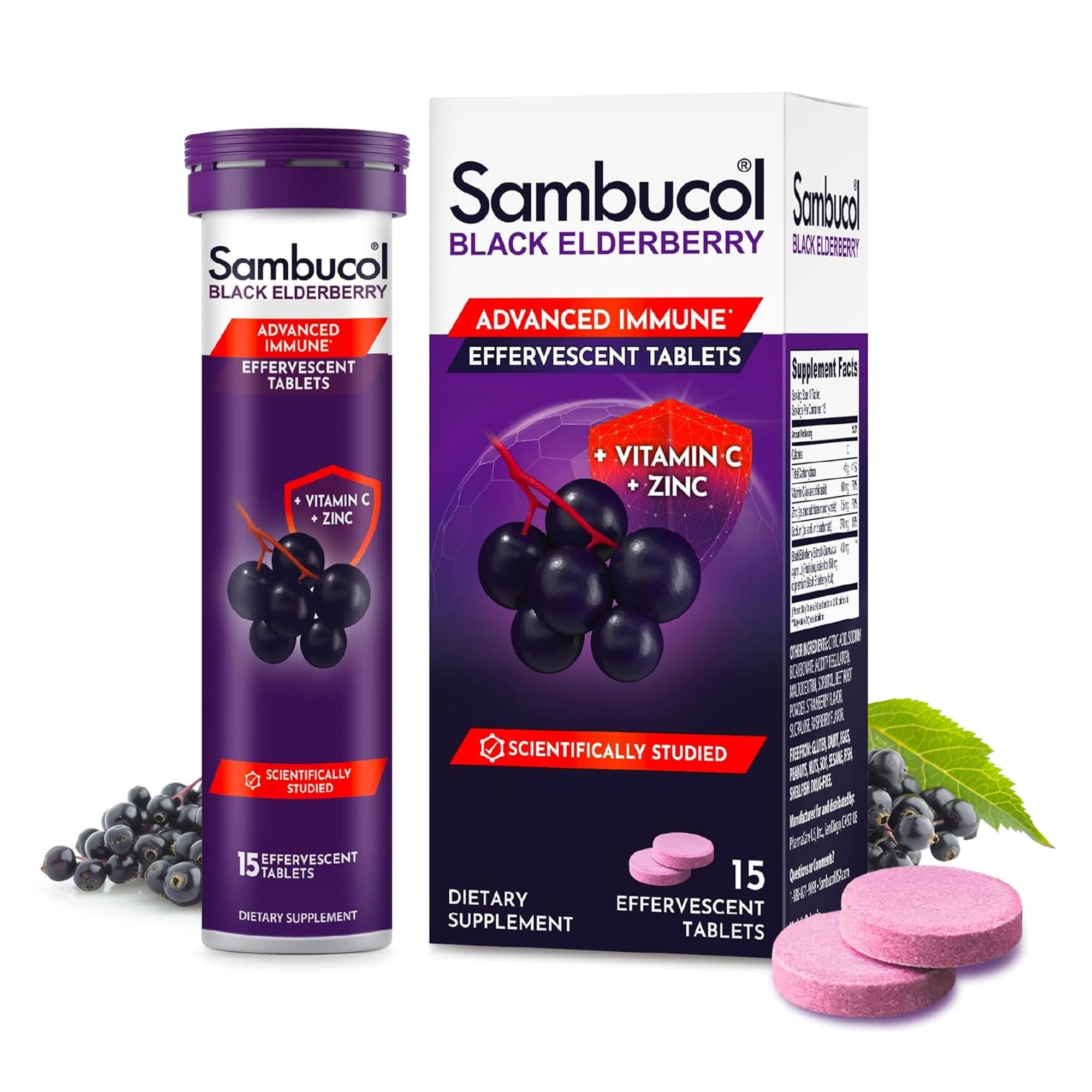 Sambucol Black Elderberry Effervescent Tablets - Elderberry Dissolvable Tablets with Zinc and Vitamin C for Adults, Quick Dissolve, No Artificial Flavors - 15 Count
