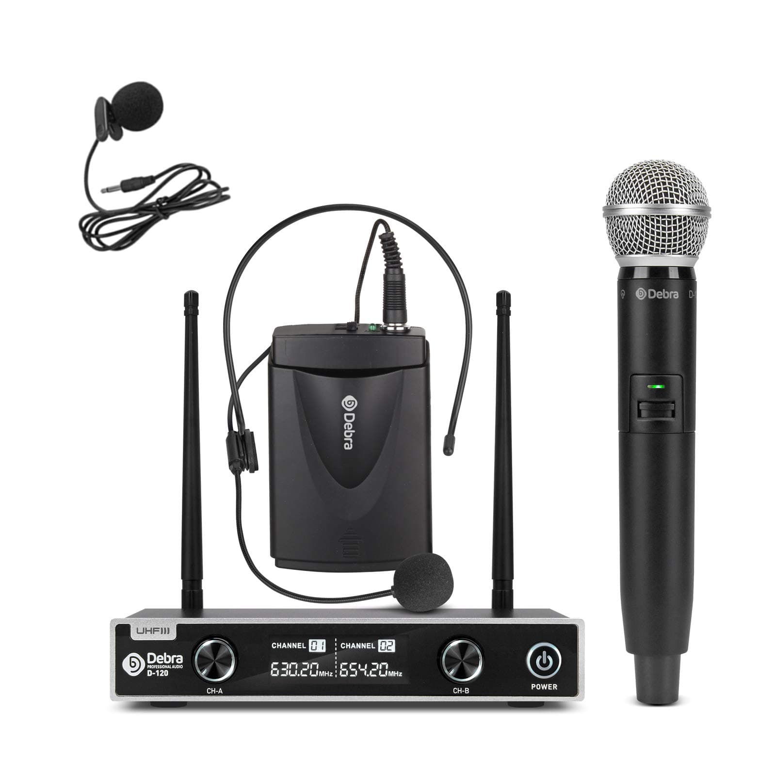 Debra auido PRO D-120 Dual Channel Wireless Microphone System Microphones With Handheld Lavalier Headset Mics for outdoor wedding, Conference, Karaoke,Music, Party (With 1 Handheld & 1 Bodypack)