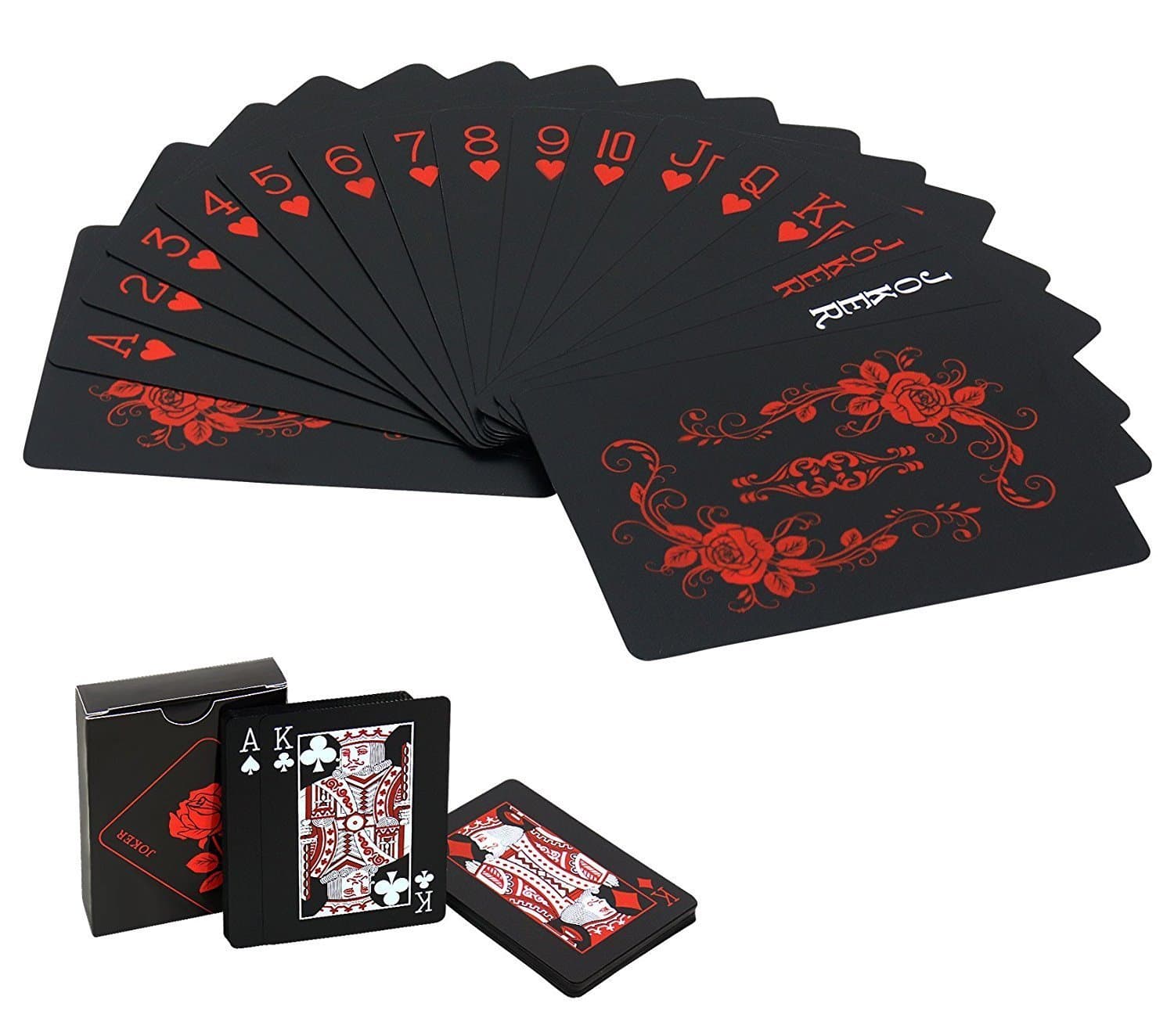 Joyoldelf Waterproof Playing Cards with Rose Pattern & Flower Backing - Cool Black PVC Flexible Classic Magic Poker Tricks Tool