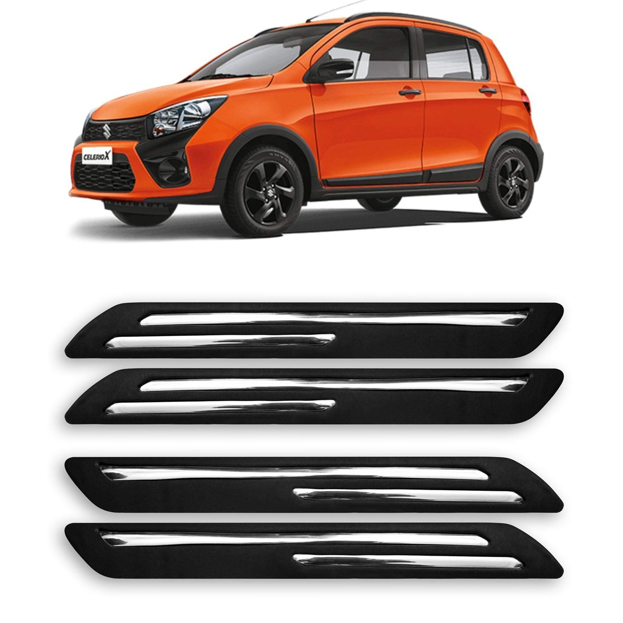 AARTRI® Presenting Car Bumper Protector Guard for Maruti Suzuki Celerio X with Rust Proof Double Chromium Strip (Black Set of 4-Pcs)