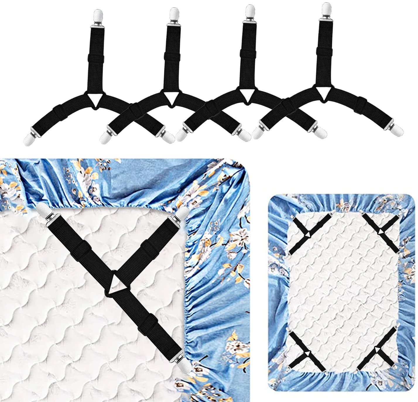 4 PCS Bed Sheet Straps, Triangle Bed Sheet Fasteners, Heavy Duty Sheet Gripper Clips, Adjustable Elastic Bedsheet Holder Straps, Fitted Sheet Clip, for Bed Sheets, Mattress Covers, Sofa Cushion