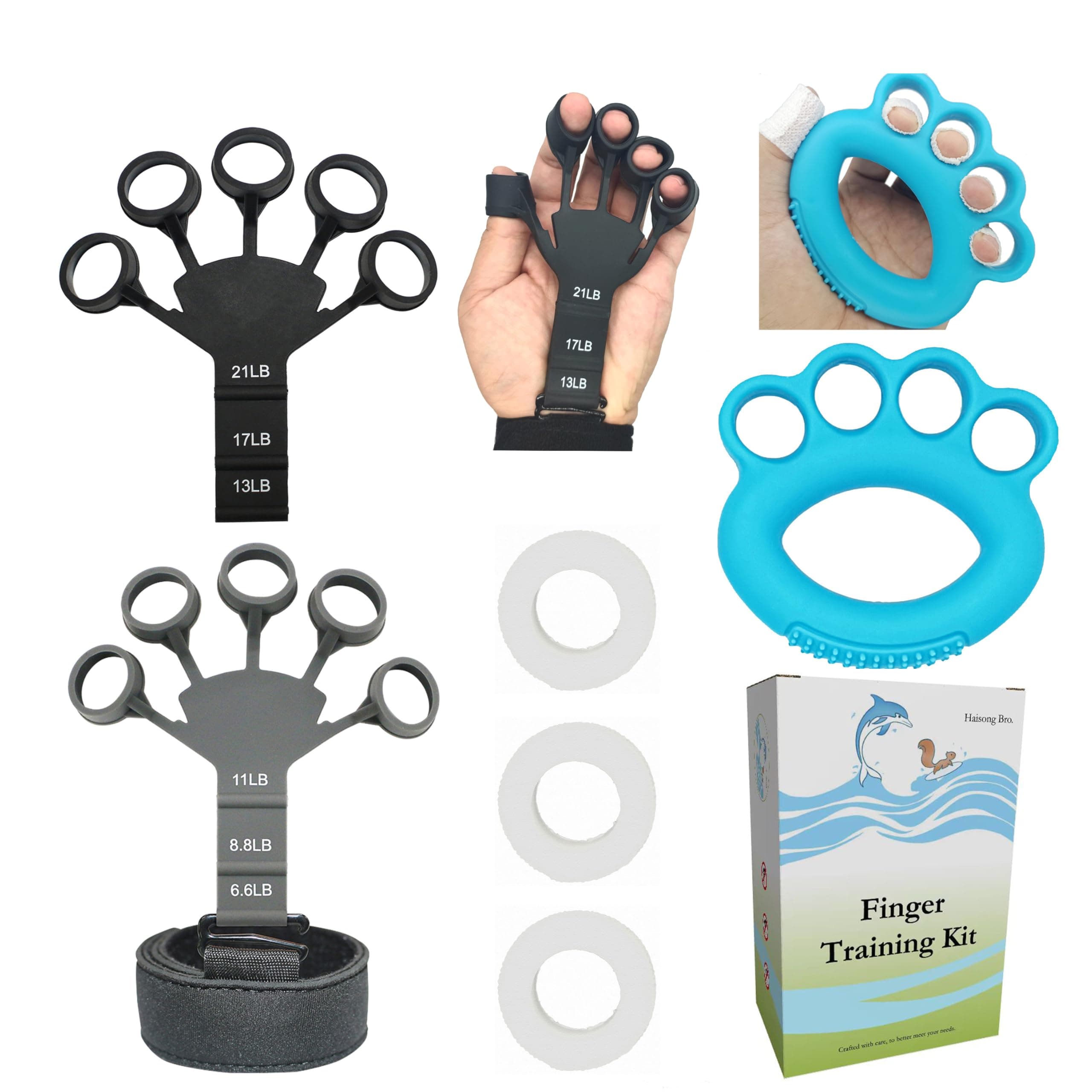 Finger Exerciser Set - Premium Thick Silicone, Finger Holes, Massage Zone, Protective bandages - Hand Grip Strengthener, Grip Strength Trainer, Hand Gripper for Enhanced Finger Grip Strength, Tension