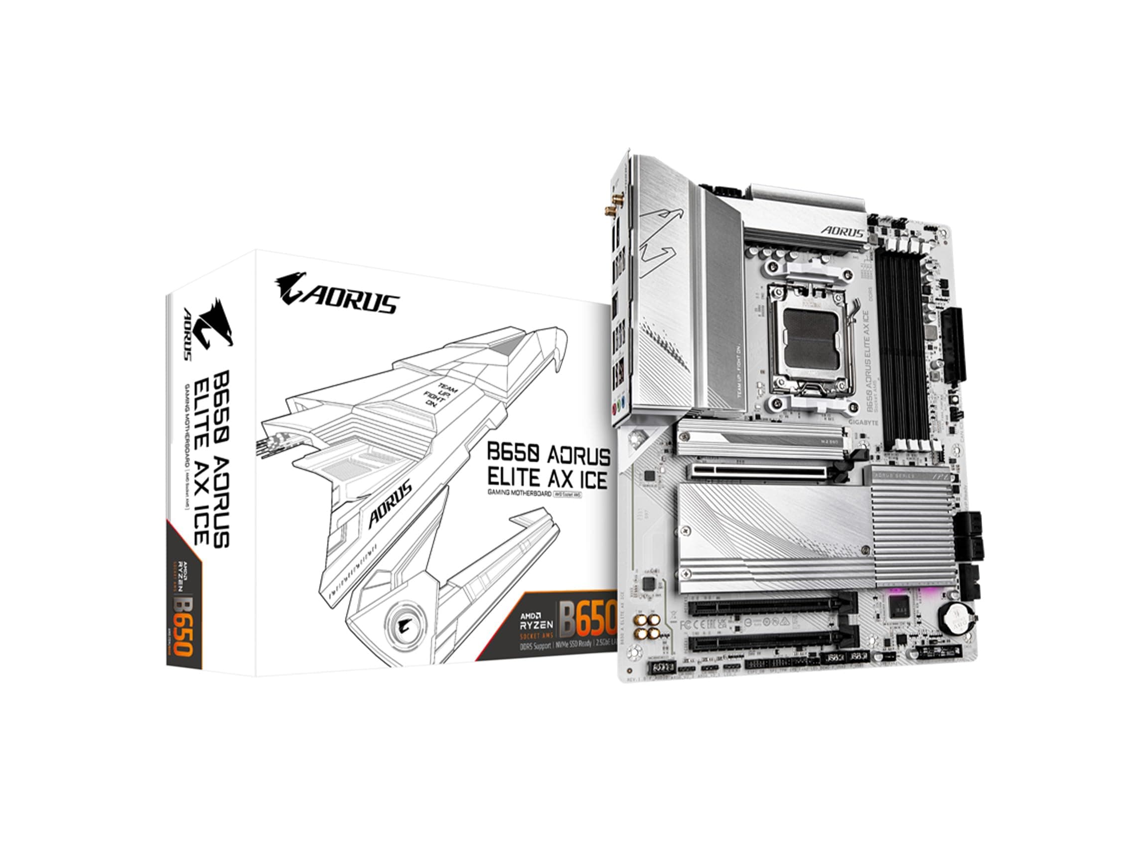 GIGABYTE B650 AORUS Elite AX ICE (AM5/ LGA 1718/ AMD/ B650/ ATX/ 5-Year Warranty/ DDR5/ Triple M.2/ PCIe 5.0/ USB 3.2 Gen2X2 Type-C/WiFi 6E/ 2.5GbE LAN/Snow White/EZ-Latch/Motherboard)