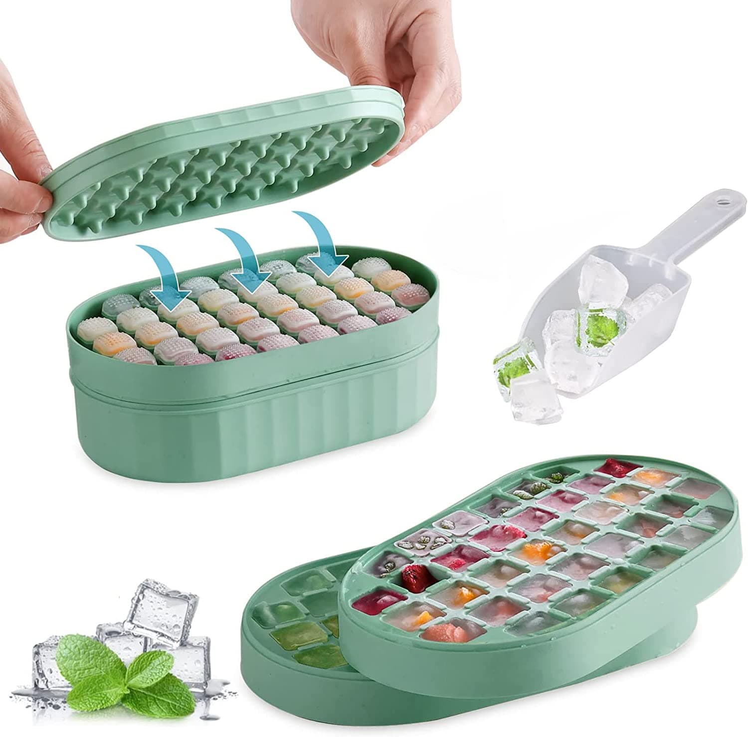 JAJA Ice Cube Trays, Reusable Ice Cube Maker Easy Press, Silicone Ice Cube Moulds, Ice Trays for Freeze with Press Lid and Bin Comes with Ice Container, Ice scoop BPA Free (Green)
