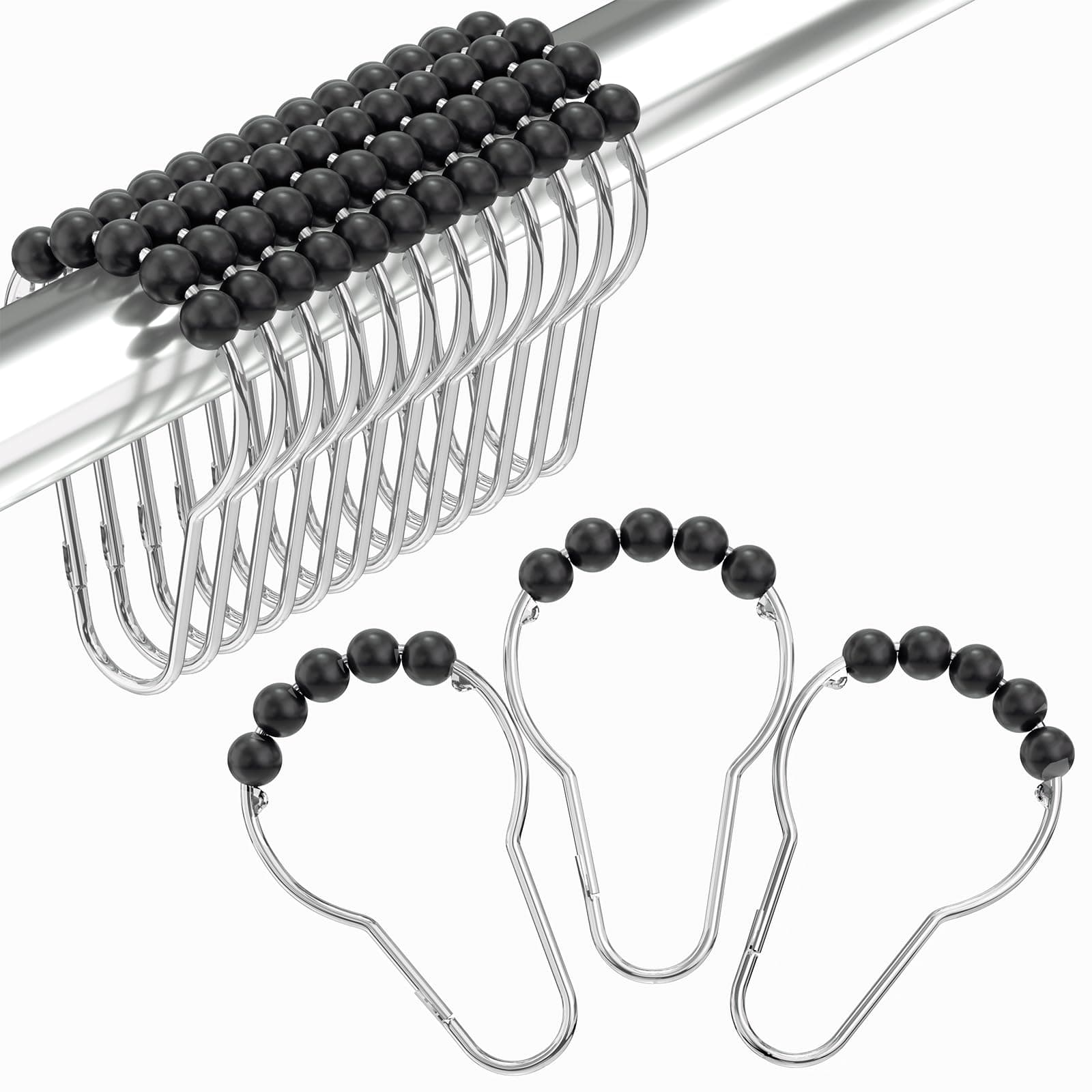 Amazer Black Shower Curtain Hooks, Decorative Rust Proof Acrylic Balls Shower Curtain Hooks, Stainless Steel Shower Hooks for Shower Curtain Bathroom Shower Hooks-Set of 12
