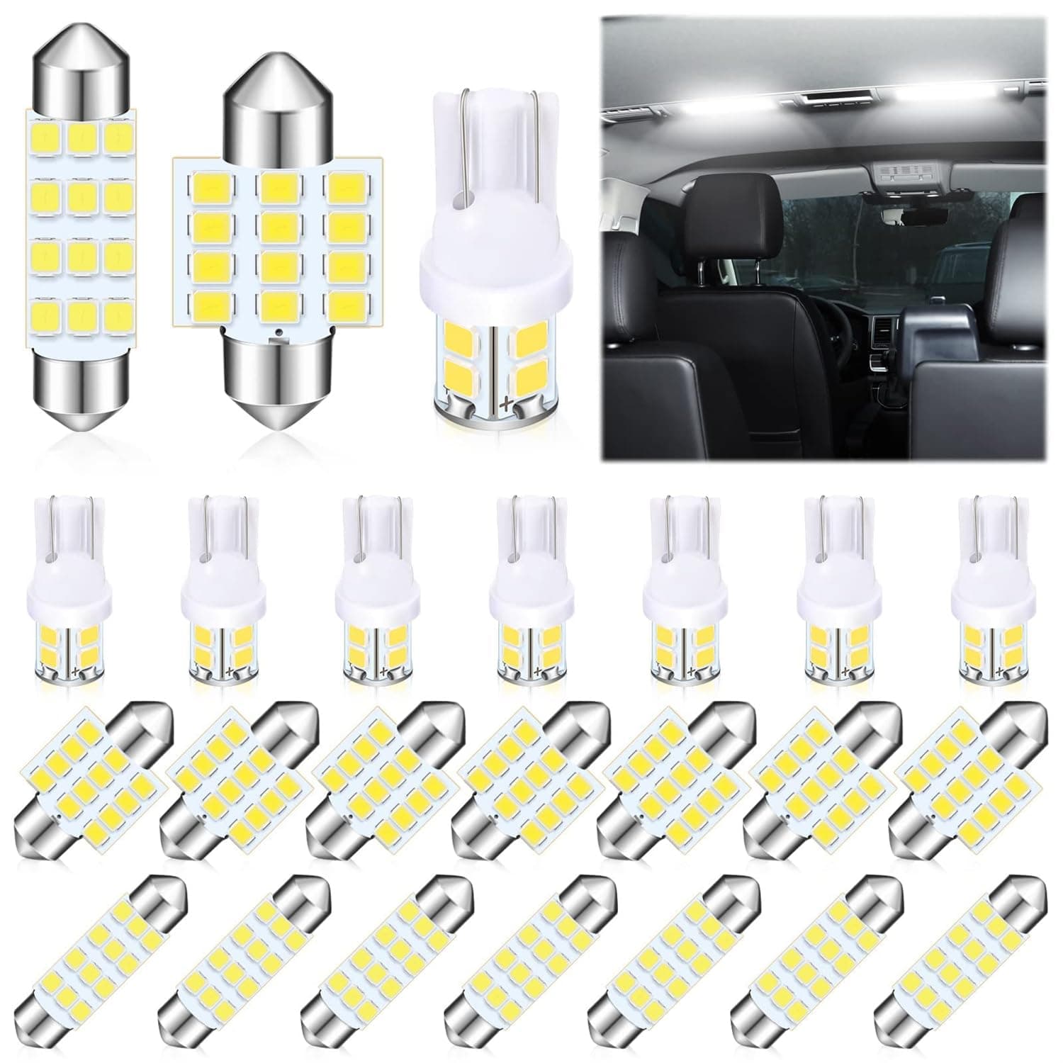 LED Car Bulbs, 24 Pieces LED Interior Replacement Bulbs, LED Bulbs for Cars Kit, Super Bright Dome Light Bulbs, Car Interiors Dome Map Door Courtesy License Plate Lights (T10, 31mm, 42mm)