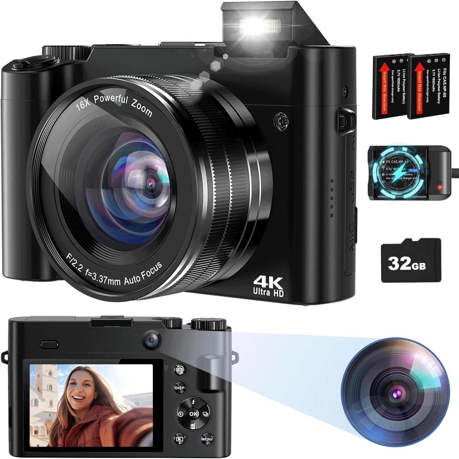 Digital Camera 4K, 64MP Autofocus Vlogging Camera Selfie Camera for Photography, Compact Digital Camera,Vlogging Camera for Youtube with Anti-shake, Flash,16X Digital Zoom