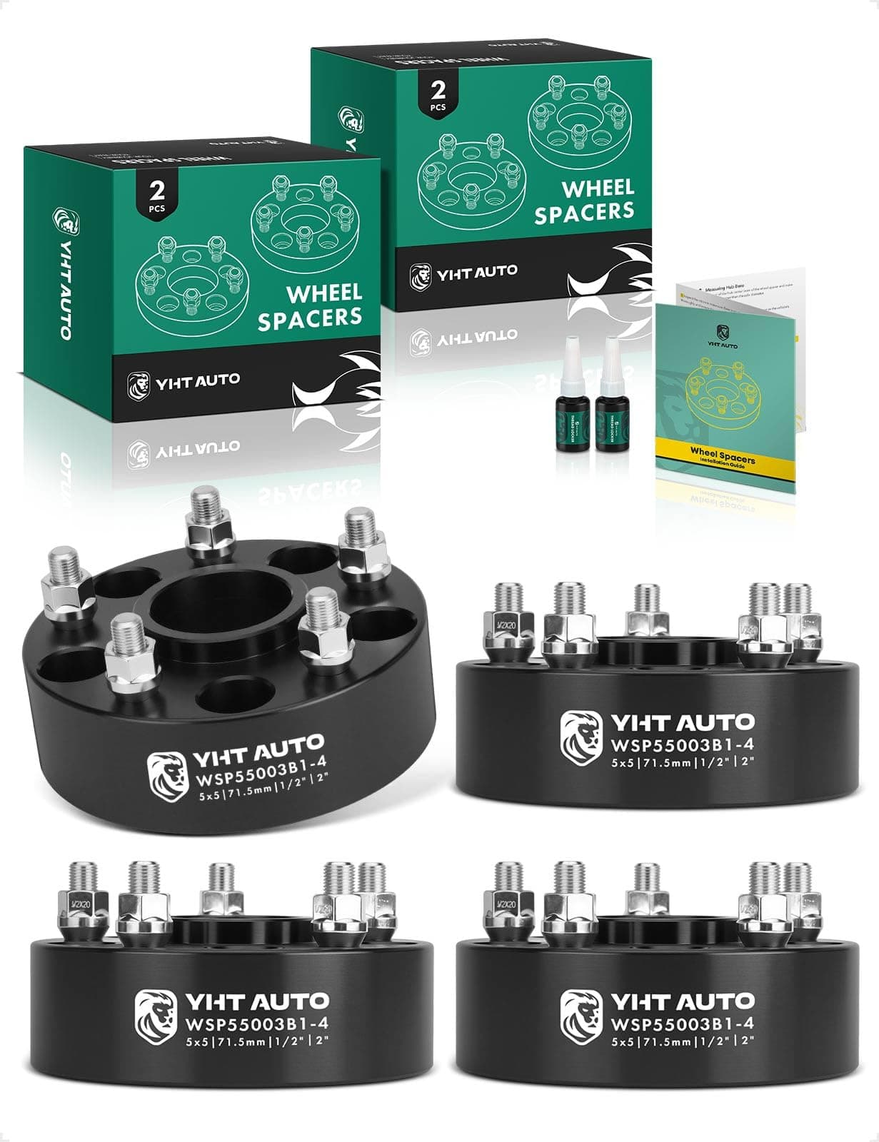 YHTAUTO 5x5 Wheel Spacers 2 Inch Compatible with 1999-2018 Jeep Grand Cherokee Wrangler Commander 5x127mm Tire Spacers w/ 1/2"-20 & 12.9 Grade Studs, 71.5mm Hub Bore 5 Lug 4PCS Black Wheel Adapter