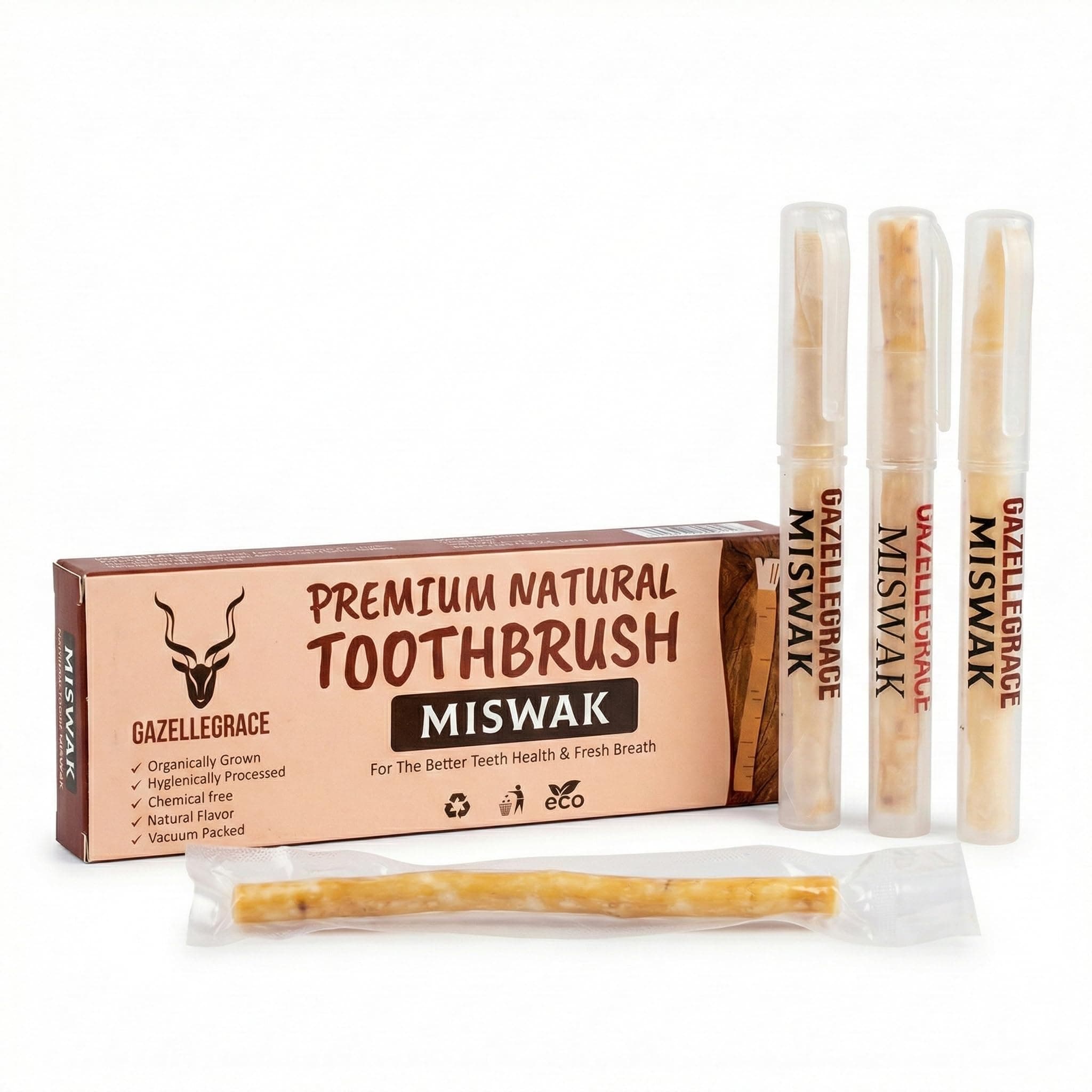 Miswak Stick for Teeth - Vacuum-Sealed Chewing Sticks, No Toothpaste Needed, Also Known as Siwak, Meswak, or مسواك | Pack of 3 Miswak Sticks with Holder