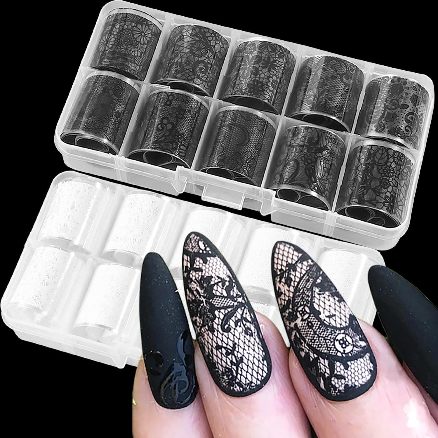 SILPECWEE 20 Rolls Lace Nail Foil - White & Black Nail Transfer Foil - Flower & Holographic Nail Art Foil - DIY Acrylic Nails Decoration