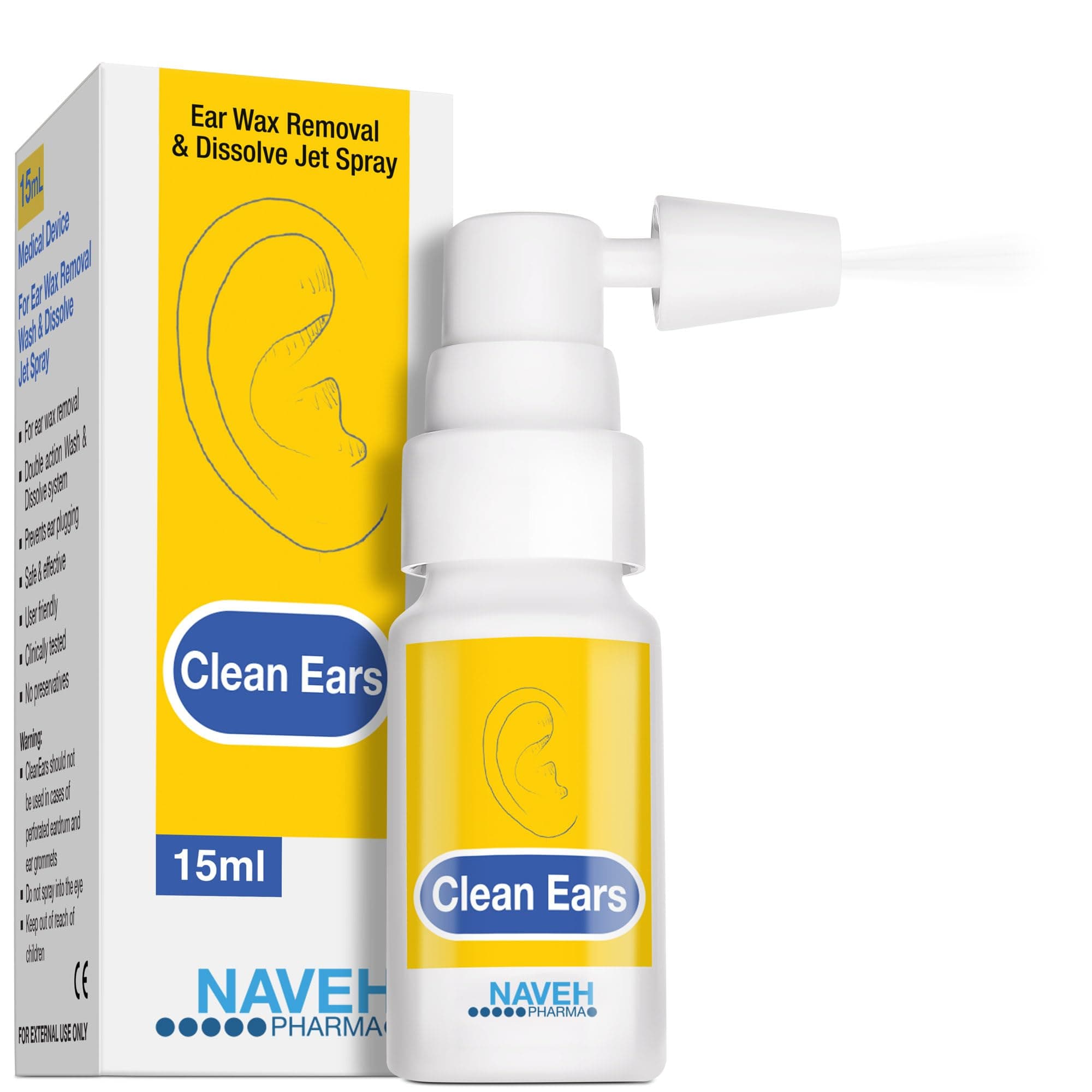 - NAVEH PHARMA® CleanEars | Fast-Acting Ear Wax Removal Spray | Breaks Down & Dissolves Earwax in Just 1 Treatment | Clinically Proven to Be 300% More Effective W/Mineral Oil | Gentle & Safe | 0.5 Fl Oz